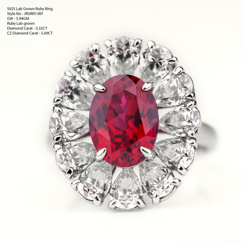 Imperial Bloom Lab Ruby Ring ? Oval Ruby & Pear Diamond Halo in S925 Silver