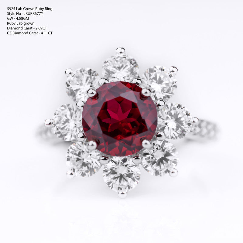 Scarlet Sunflower Lab Ruby Ring ? Round Ruby & Diamond Daisy Halo with Pavé Band in S925 Silver