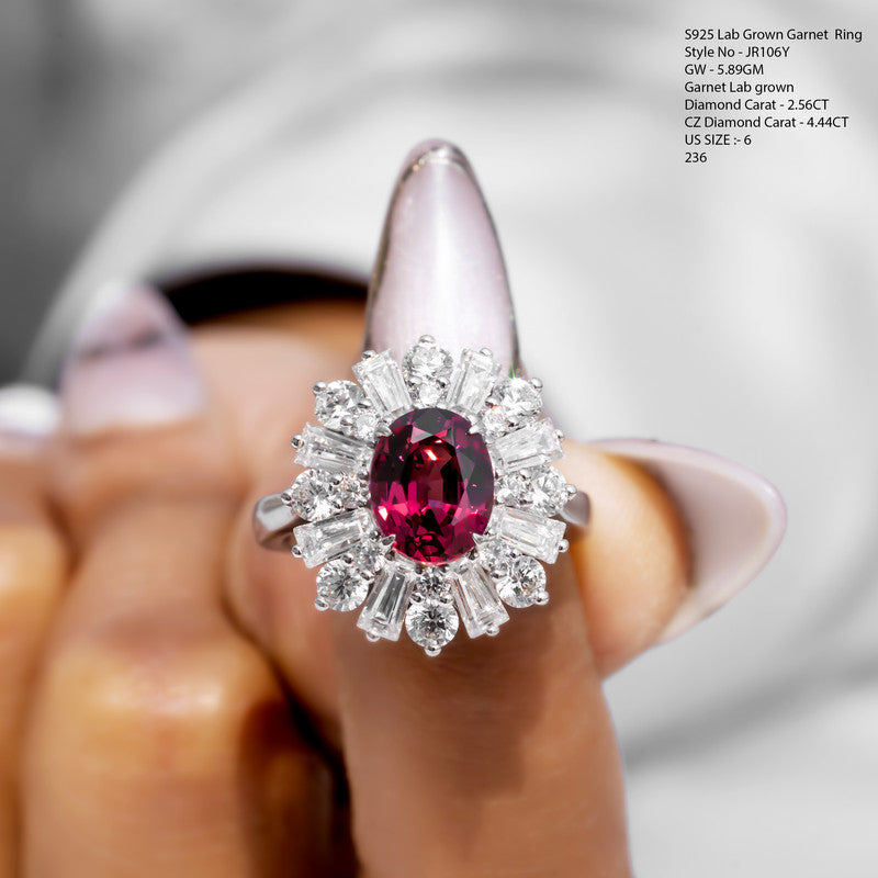 S925 Lab Grown Garnet Ballerina Cocktail Ring – JR106Y | Oval Garnet with Baguette & Round CZ Diamond Double Halo
