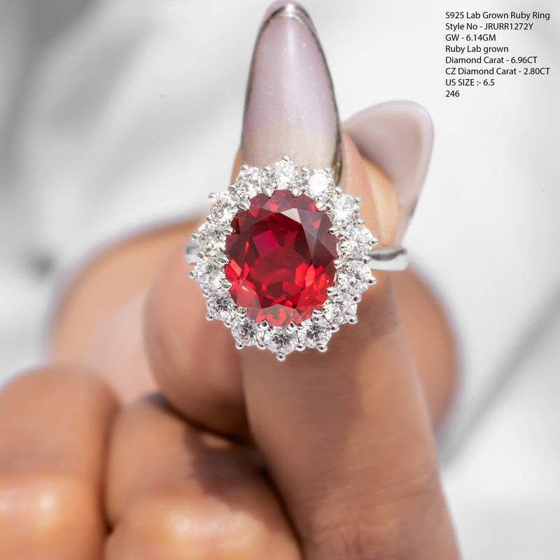 S925 Lab Grown Ruby Classic Halo Cocktail Ring – JRURR1272Y | Large Oval Ruby with Round CZ Diamond Sunburst Halo