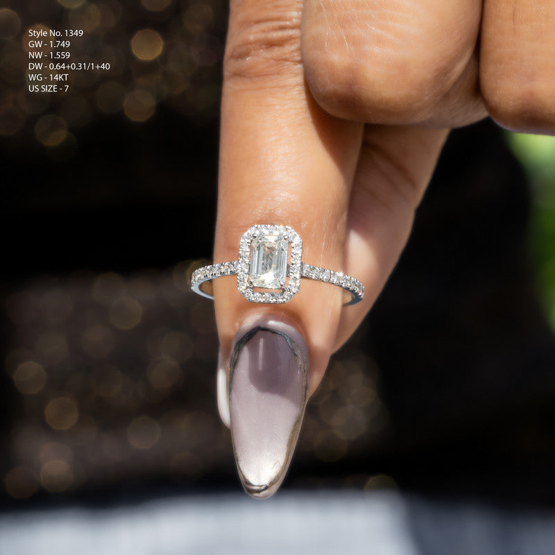 Emerald Cut Diamond Halo Engagement Ring with Pavé Band