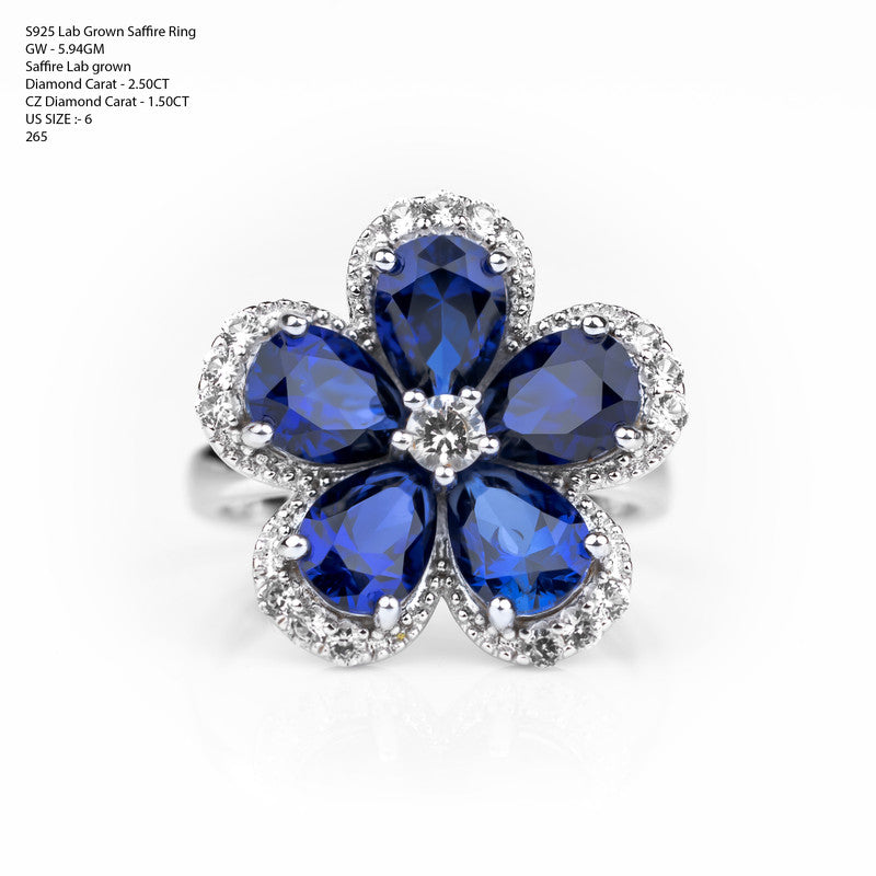 S925 Lab Grown Sapphire Five-Petal Flower Cocktail Ring | Pear-Cut Blue Sapphire with CZ Diamond Halo