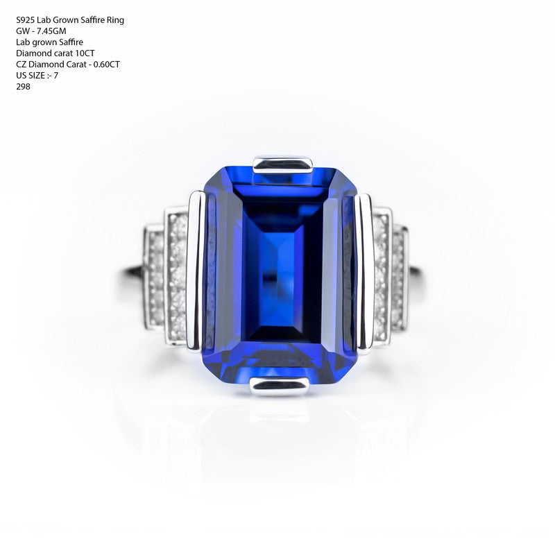 S925 Lab Grown Sapphire Art Deco Emerald-Cut Statement Ring – Style 298 | 10CT Royal Blue Sapphire with Stepped CZ Diamond Shoulders