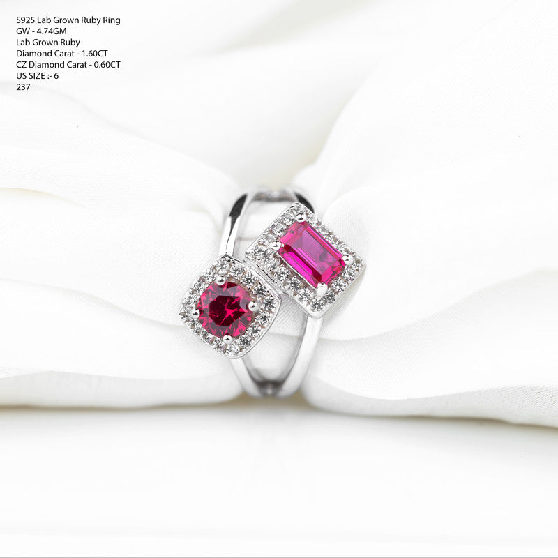 Lab Grown Ruby Toi et Moi Bypass Ring | Round & Emerald-Cut Ruby Dual Halo Twist Ring