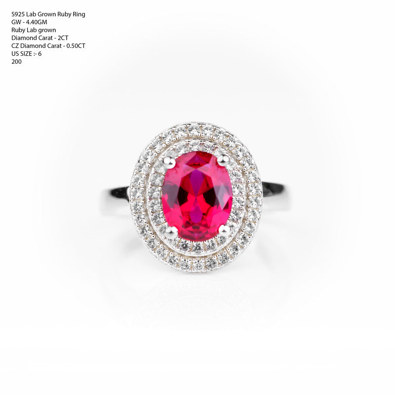 Lab Grown Ruby Oval Double Halo Cocktail Ring | Vivid Red Ruby with Triple-Row Pavé CZ Diamond Surround