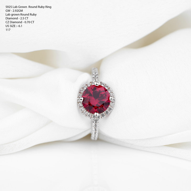 S925 Sterling Silver Lab Grown Round Ruby Halo Ring with CZ Diamond Band