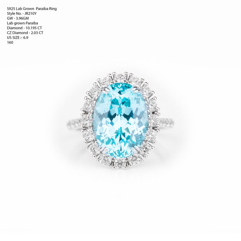 S925 Sterling Silver Lab Grown Oval Paraiba Tourmaline Halo Ring with CZ Diamond Band