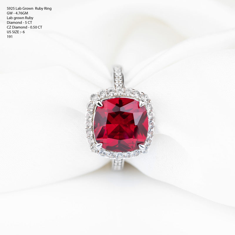 S925 Sterling Silver Lab Grown Cushion Cut Ruby Halo Ring with CZ Diamond Band