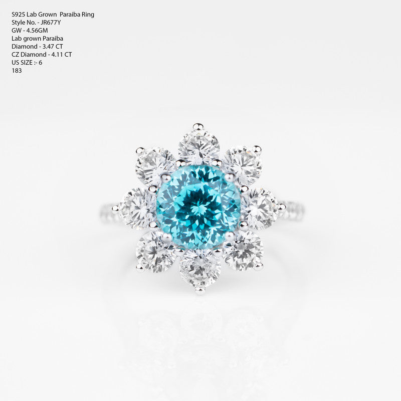 S925 Sterling Silver Lab Grown Round Paraiba Tourmaline Sunburst Flower Halo Ring with CZ Diamond Band