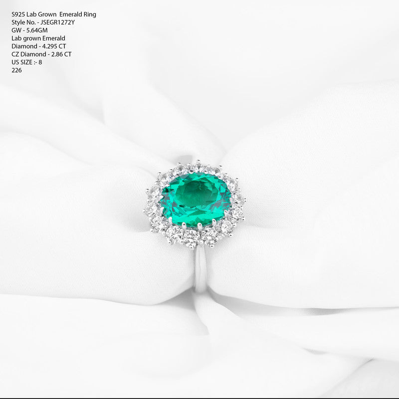 S925 Sterling Silver Lab Grown Oval Emerald Royal Halo Ring with CZ Diamond Cluster