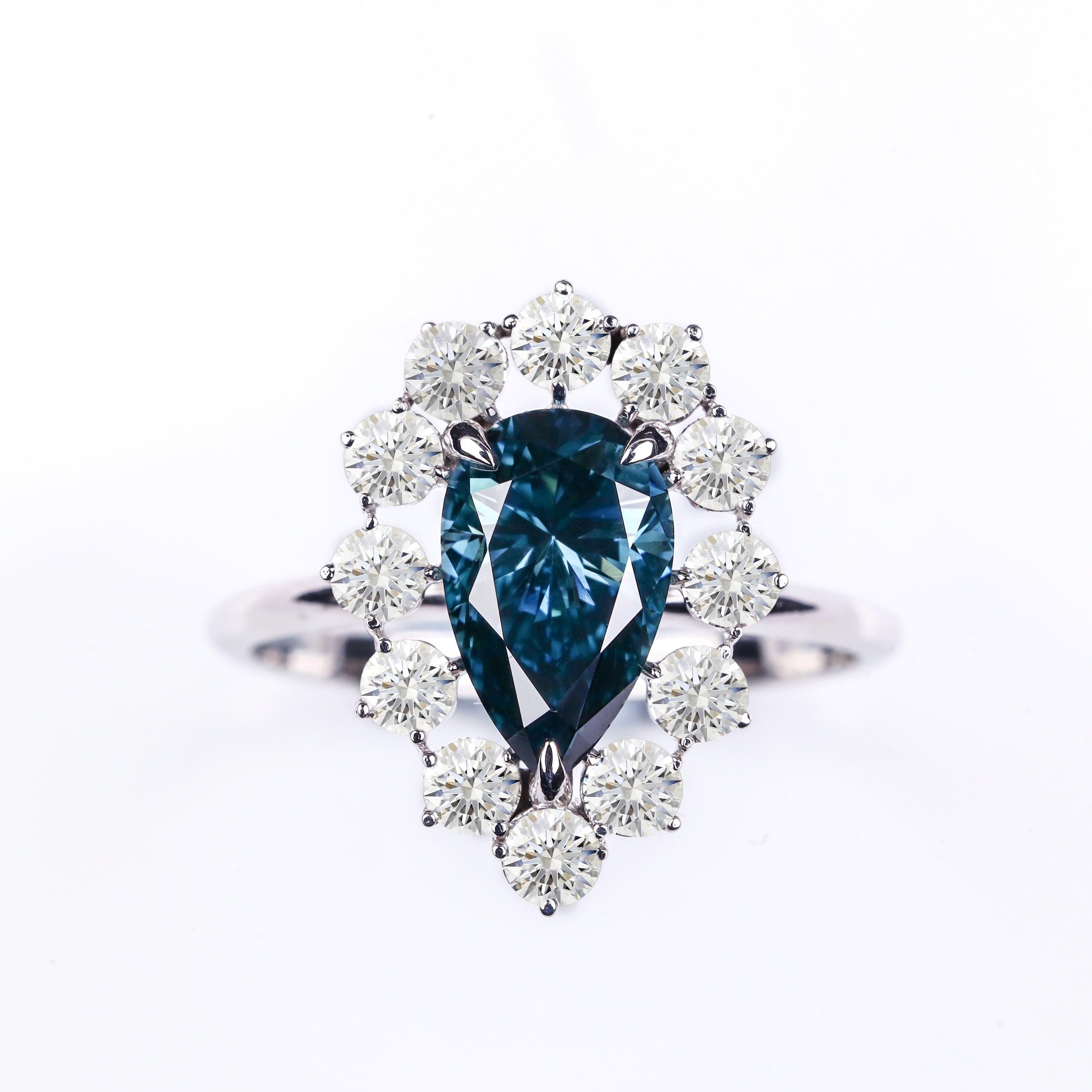 Pear Cut Blue Diamond Halo Ring • 18K White Gold With Round Diamond Halo  Engagement Ring