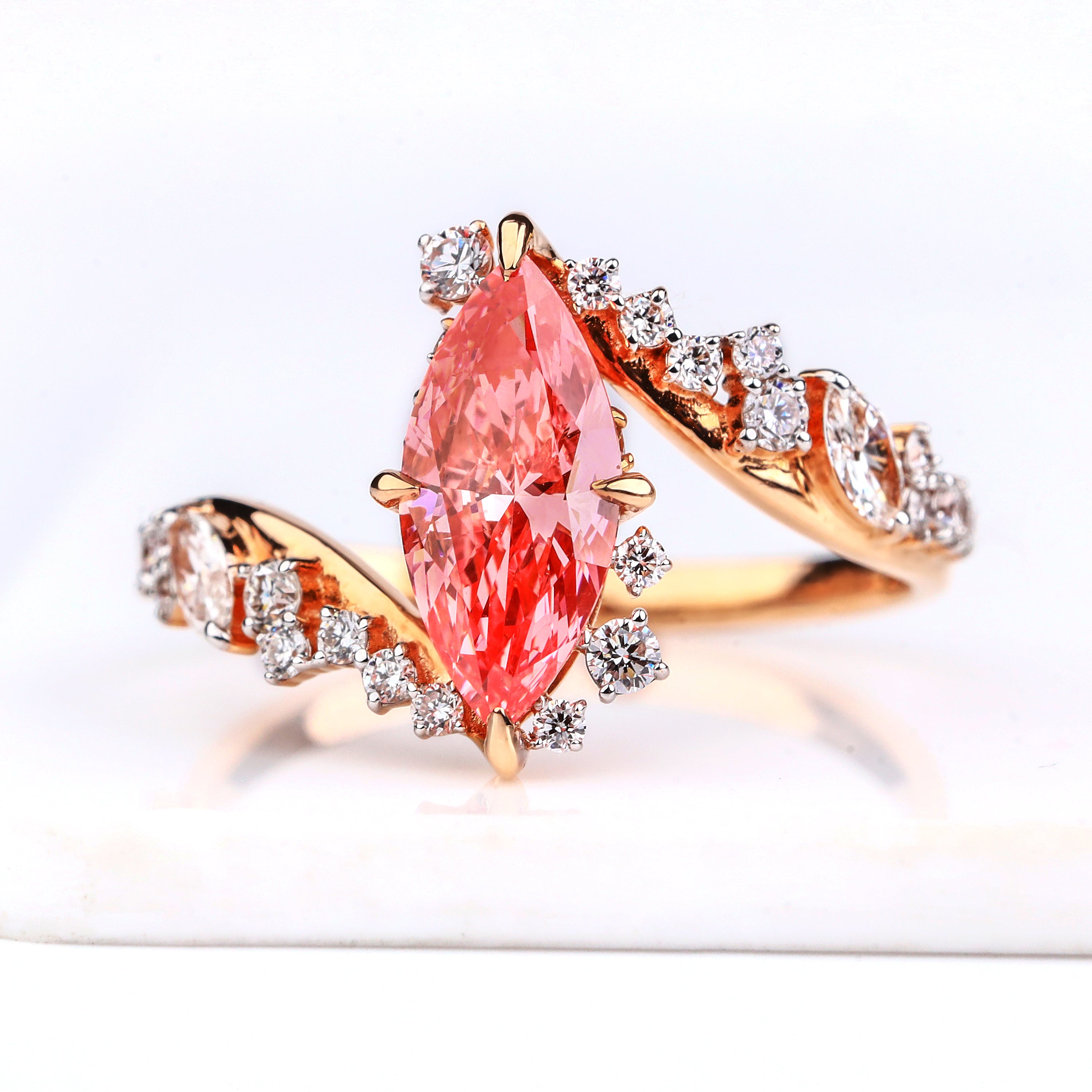 Radiant Marquise Padparadscha Sapphire Toi et Moi Bypass Ring in 14K Rose Gold Elegant Designer Gemstone Statement Ring with 2-Stone Setting