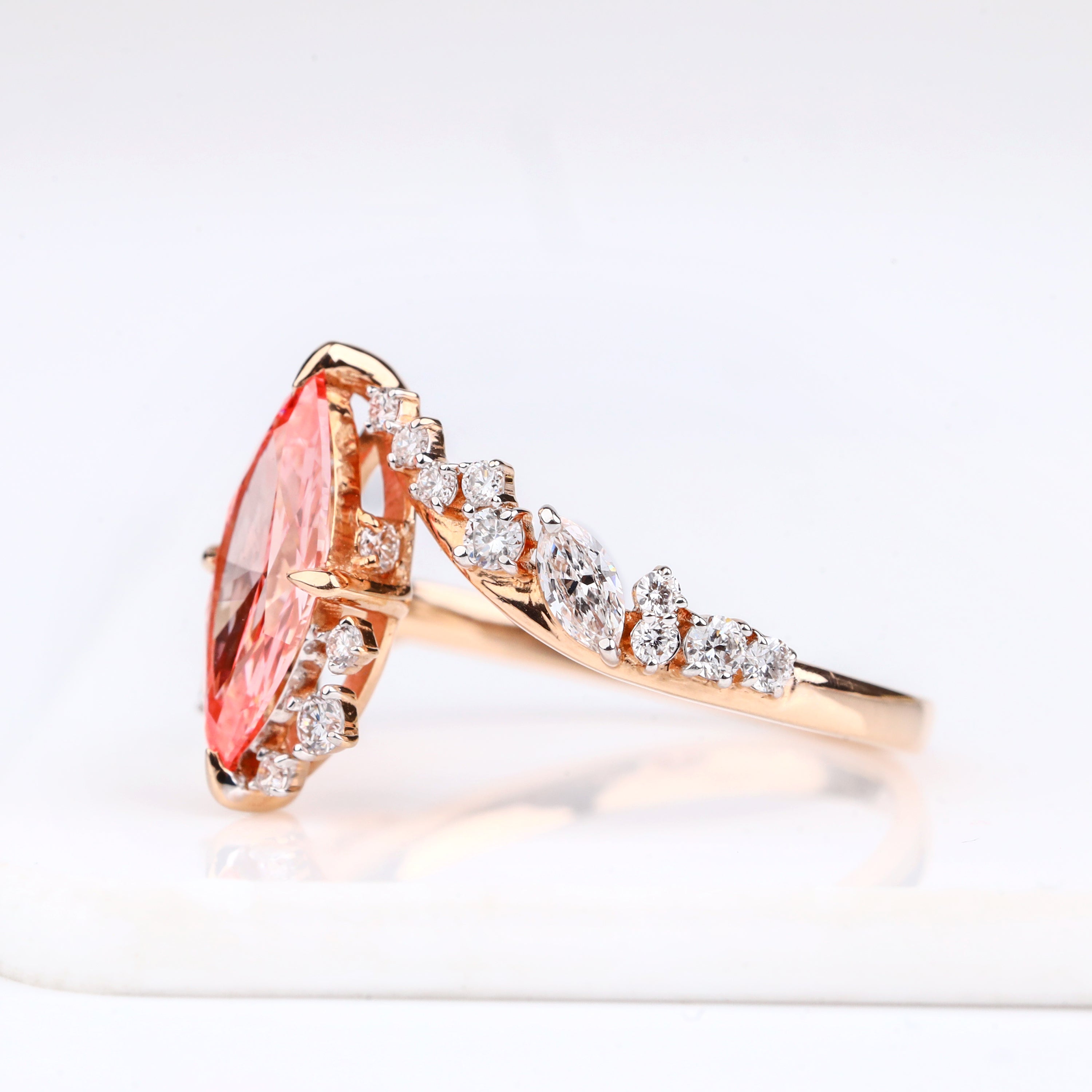 Radiant Marquise Padparadscha Sapphire Toi et Moi Bypass Ring in 14K Rose Gold Elegant Designer Gemstone Statement Ring with 2-Stone Setting