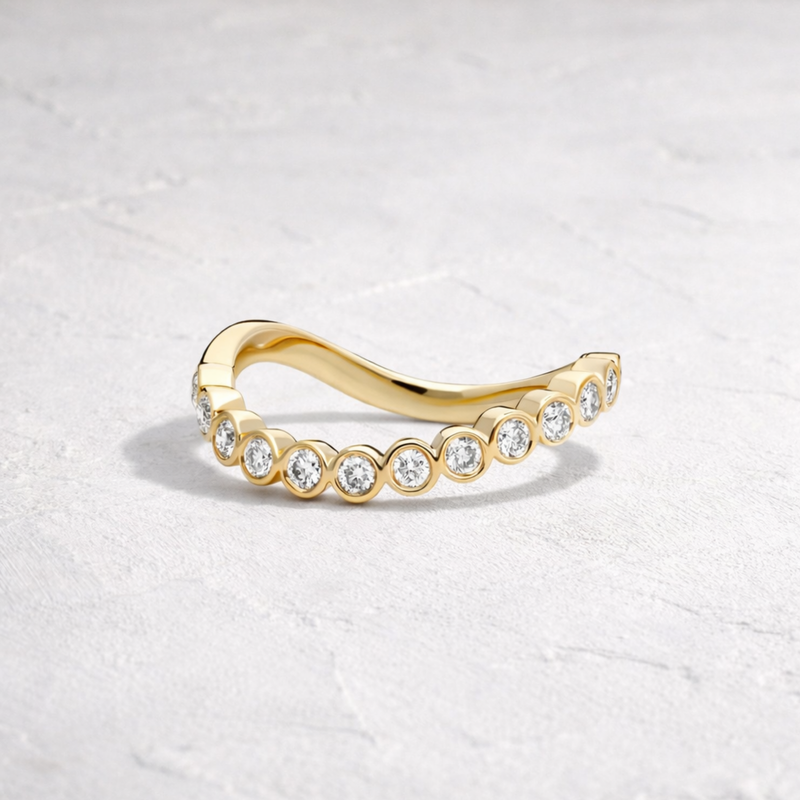 Curved Bezel Set Lab Grown Diamond Wedding Band | Solid 14K Gold Scalloped Bubble Contour Ring | Stacking & Anniversary Band