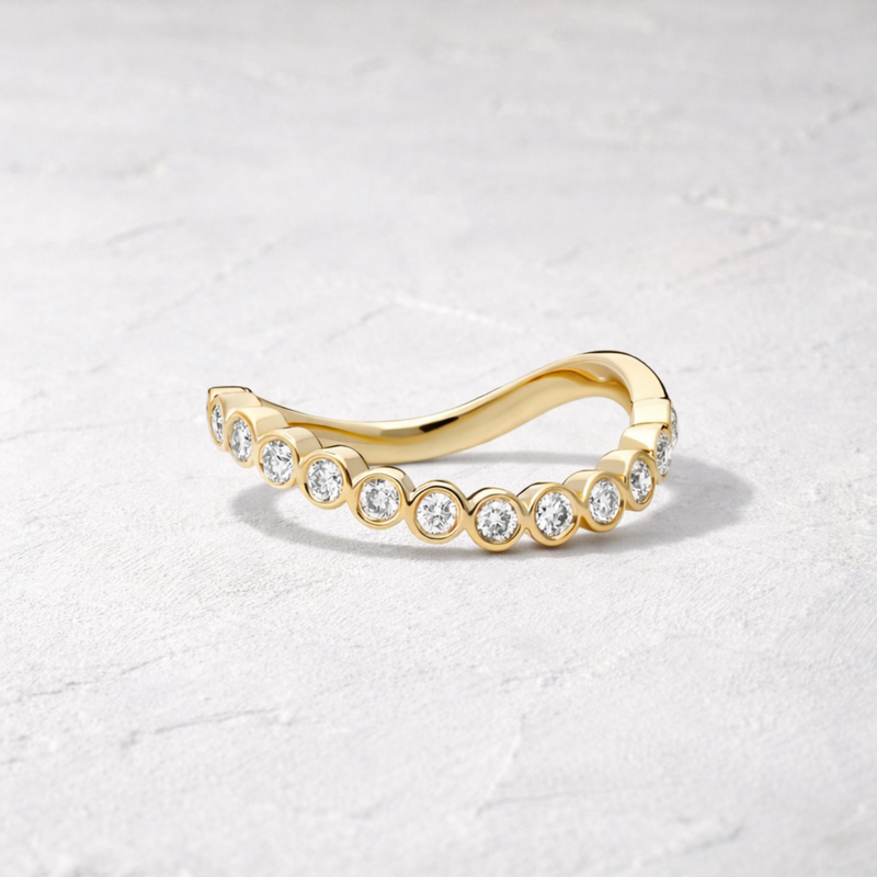 Curved Bezel Set Lab Grown Diamond Wedding Band | Solid 14K Gold Scalloped Bubble Contour Ring | Stacking & Anniversary Band