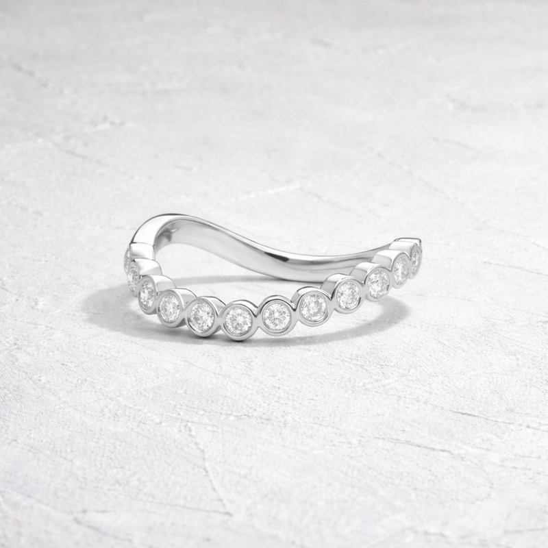 Curved Bezel Set Lab Grown Diamond Wedding Band | Solid 14K Gold Scalloped Bubble Contour Ring | Stacking & Anniversary Band