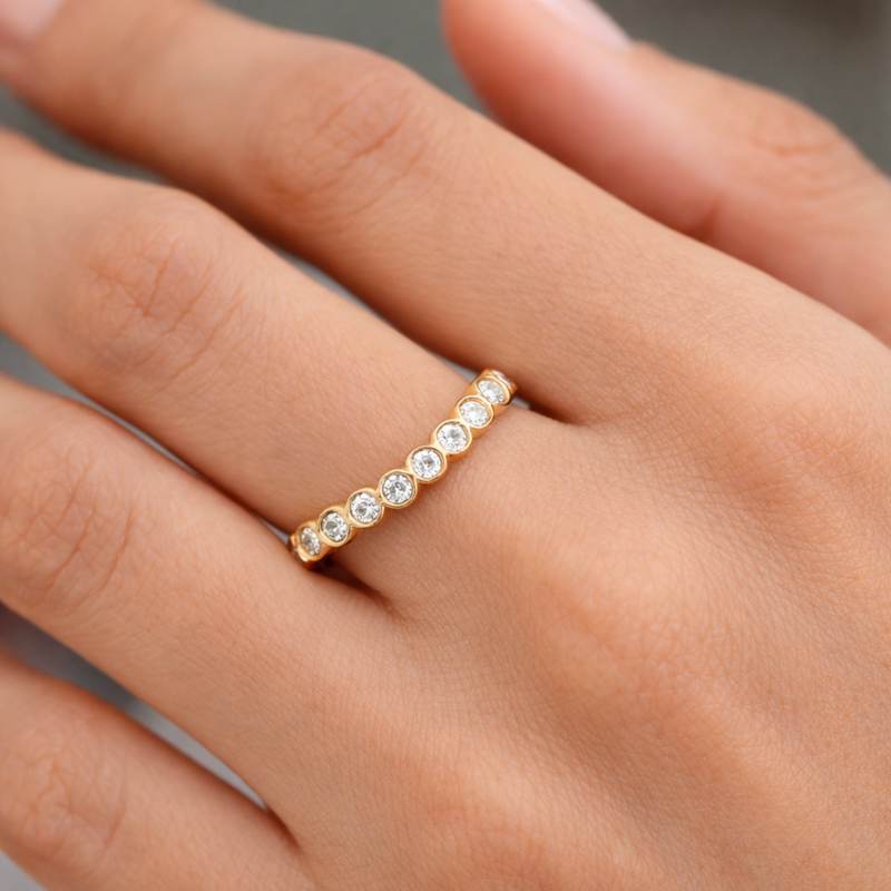 Curved Bezel Set Lab Grown Diamond Wedding Band | Solid 14K Gold Scalloped Bubble Contour Ring | Stacking & Anniversary Band