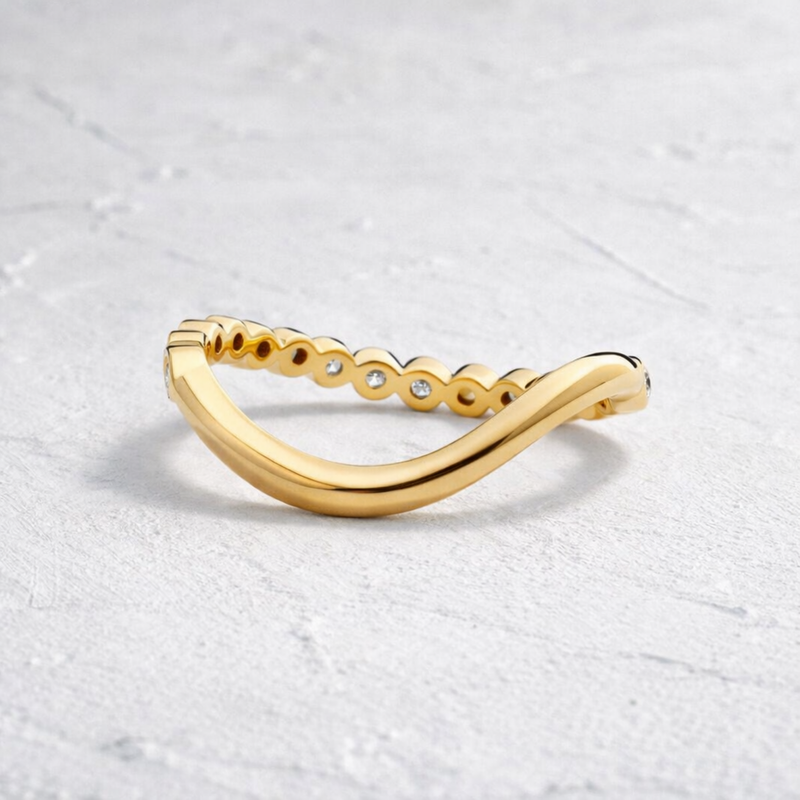 Curved Bezel Set Lab Grown Diamond Wedding Band | Solid 14K Gold Scalloped Bubble Contour Ring | Stacking & Anniversary Band