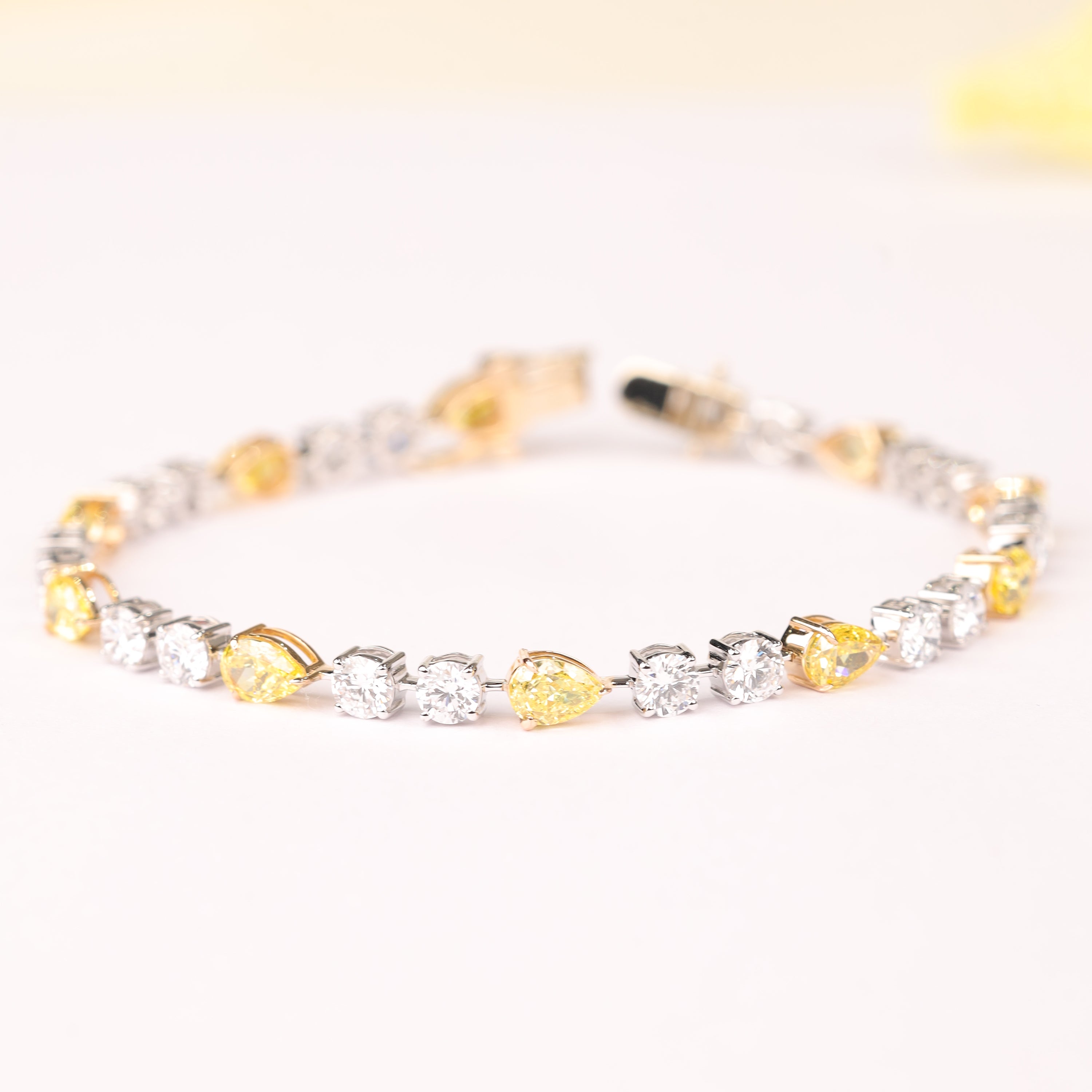 Two-Tone Pear & Round CVD Diamond Tennis Bracelet in 18K White & Yellow Gold