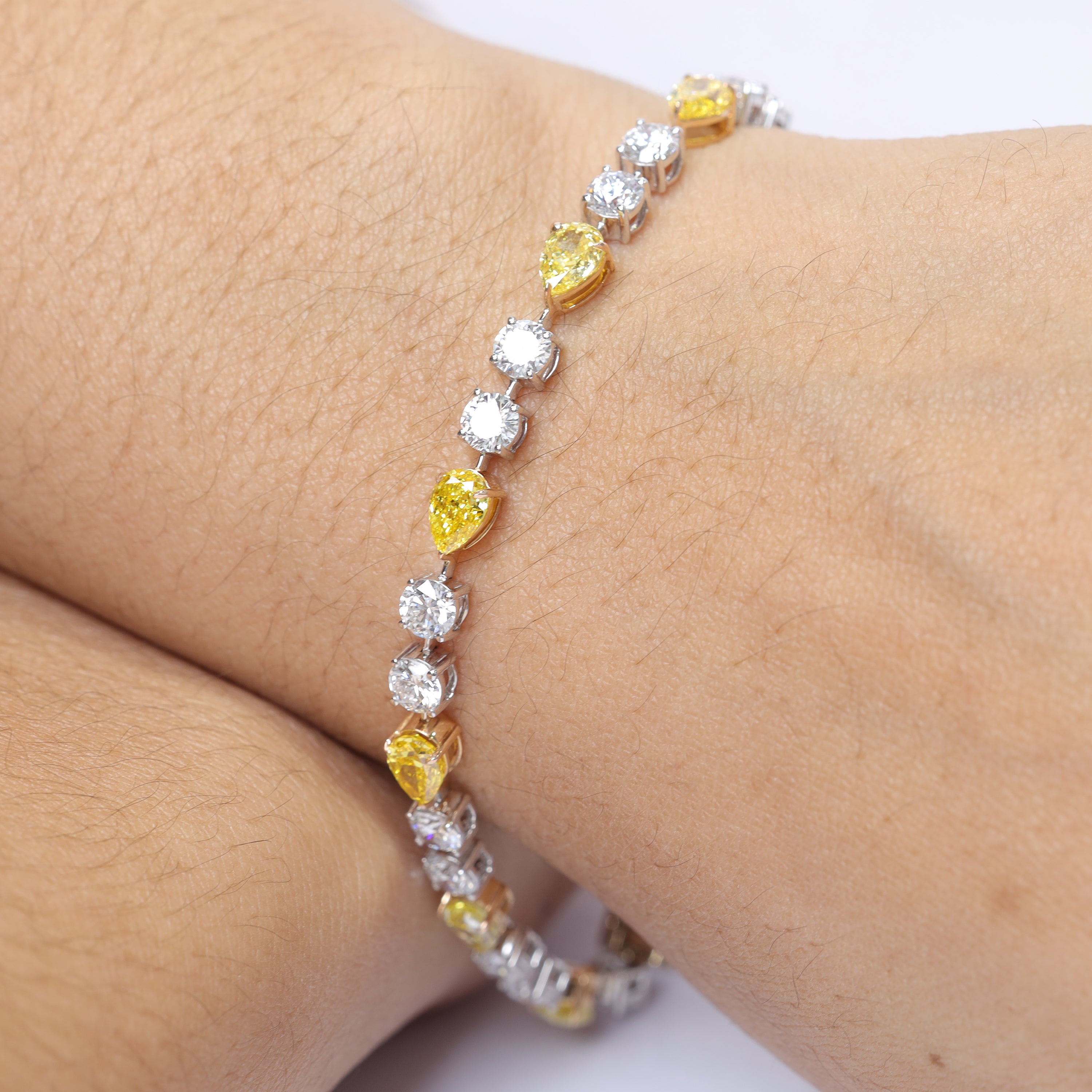 Two-Tone Pear & Round CVD Diamond Tennis Bracelet in 18K White & Yellow Gold