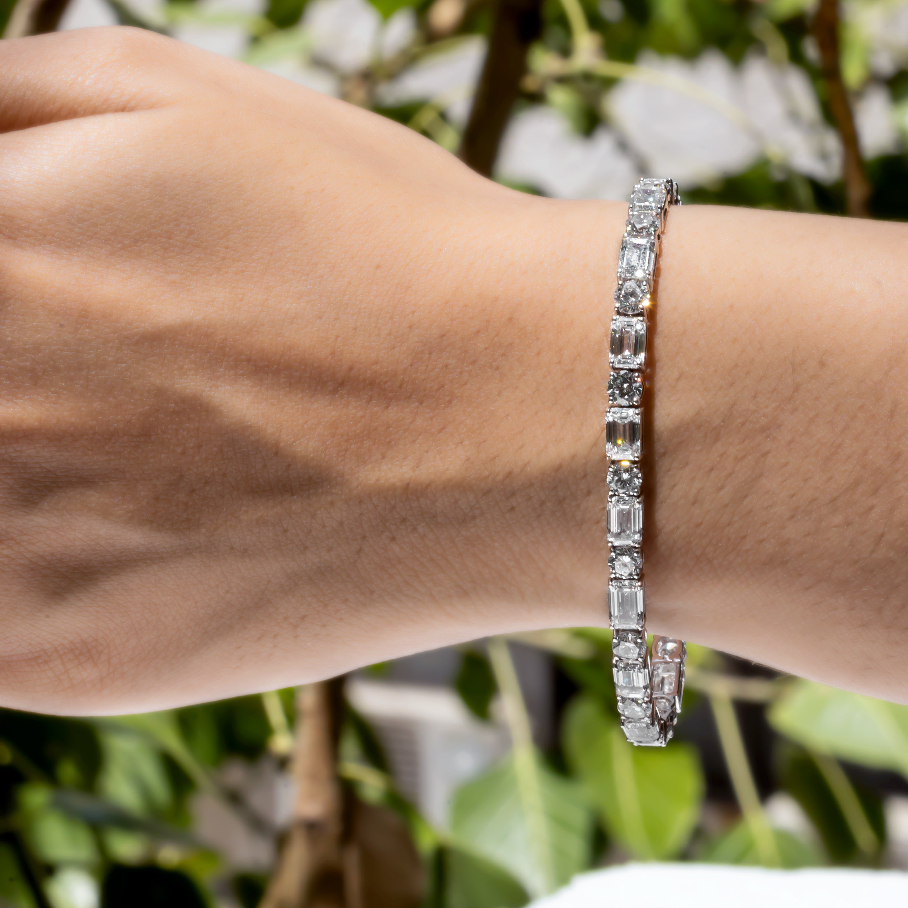 Alternating Round & Emerald-Cut CVD Diamond Tennis Bracelet in 18K White Gold