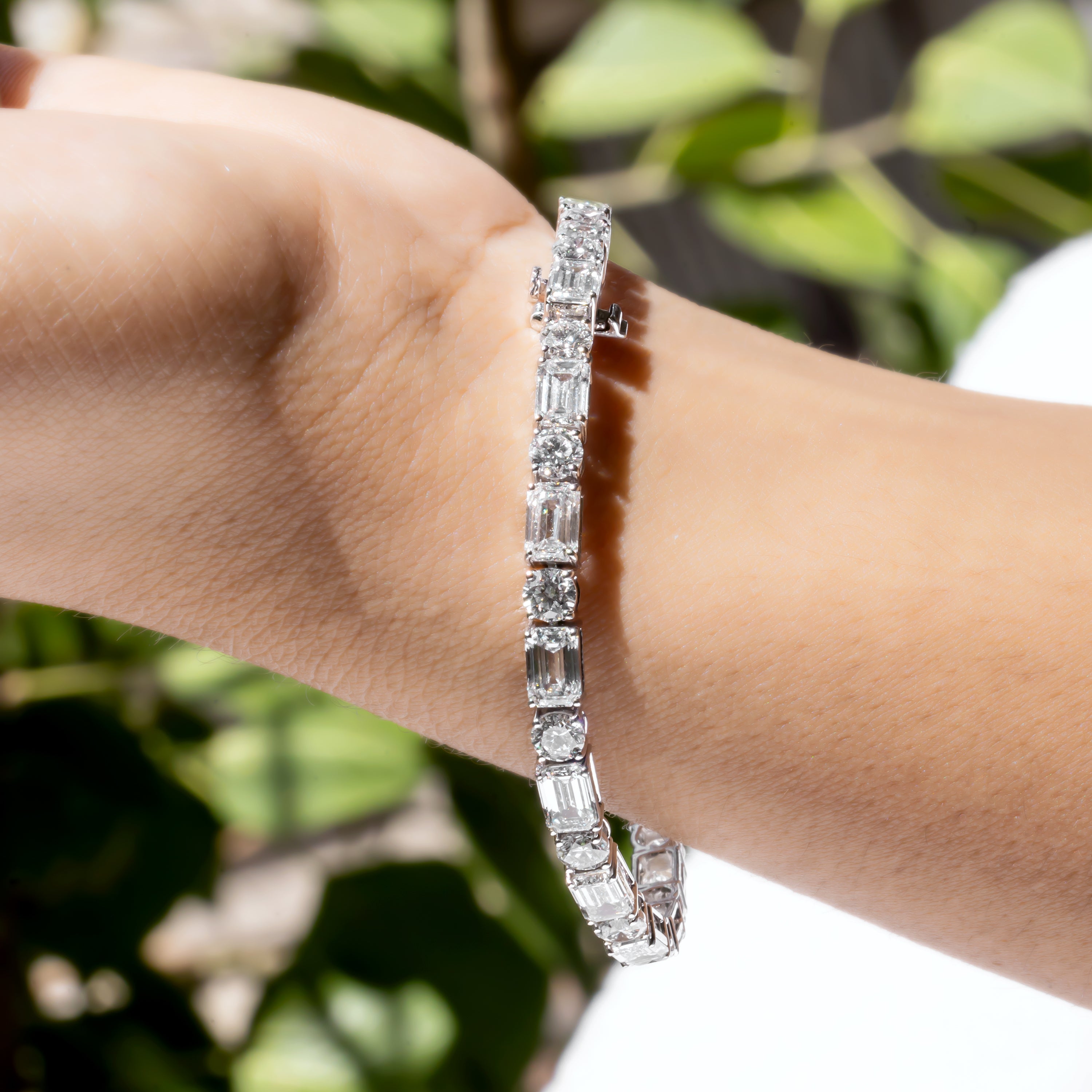 Alternating Round & Emerald-Cut CVD Diamond Tennis Bracelet in 18K White Gold