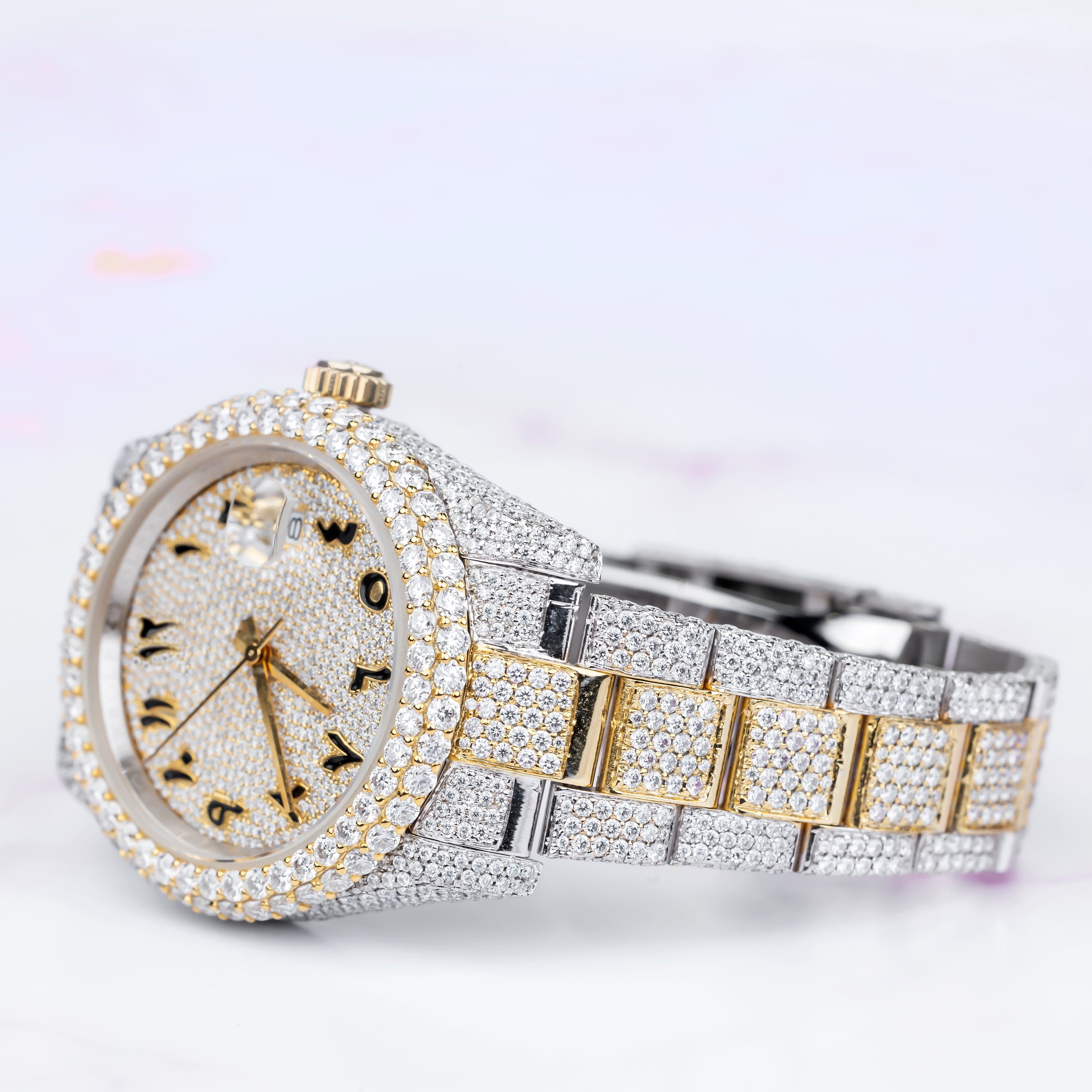 Excellent Jewels Iced Out Moissanite Watch – Two-Tone Gold Plated Stainless Steel | Arabic Dial | Pave Set Luxury Hip Hop Watch for Men