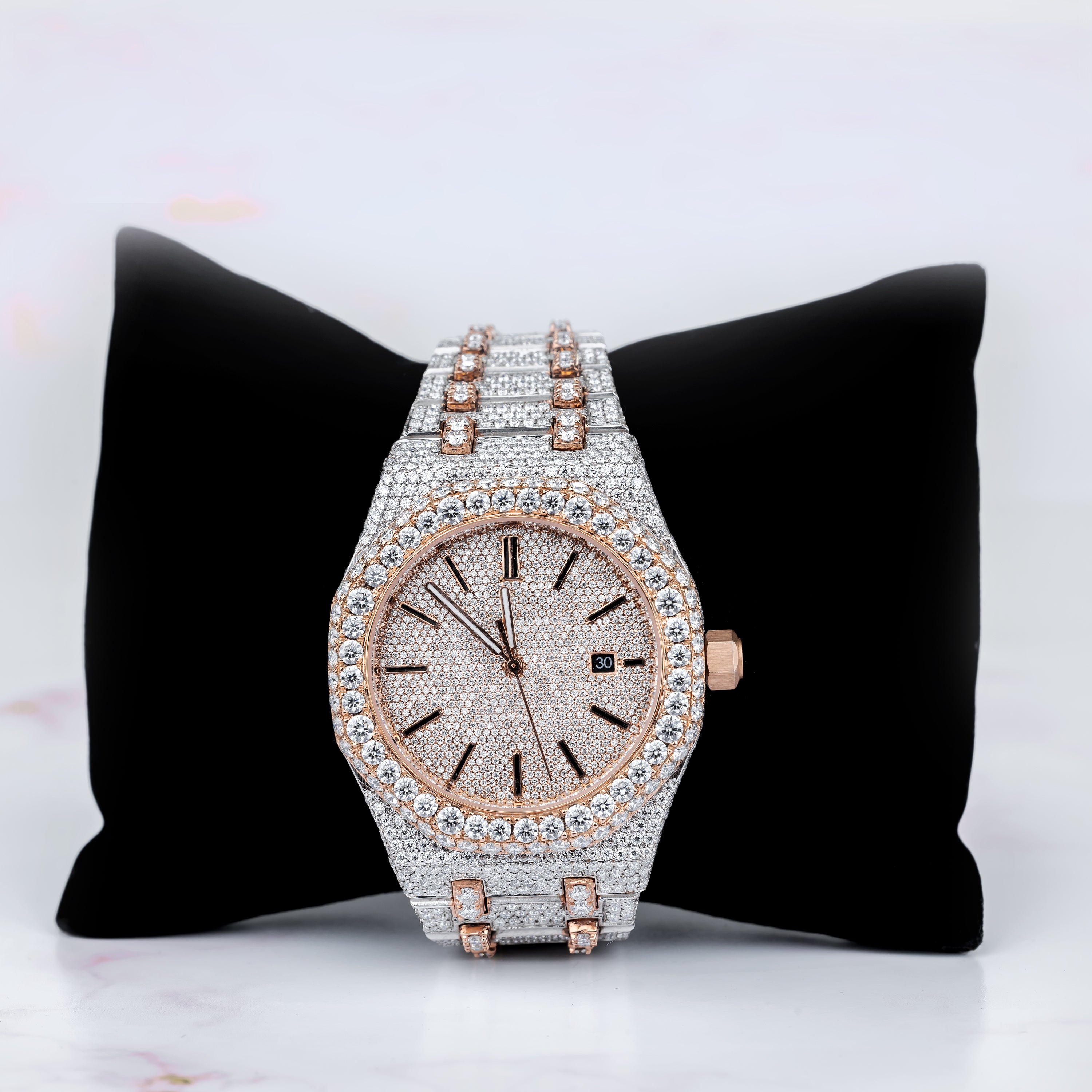 Excellent Jewels Two-Tone Iced Out Moissanite Watch – Rose Gold Plated Stainless Steel