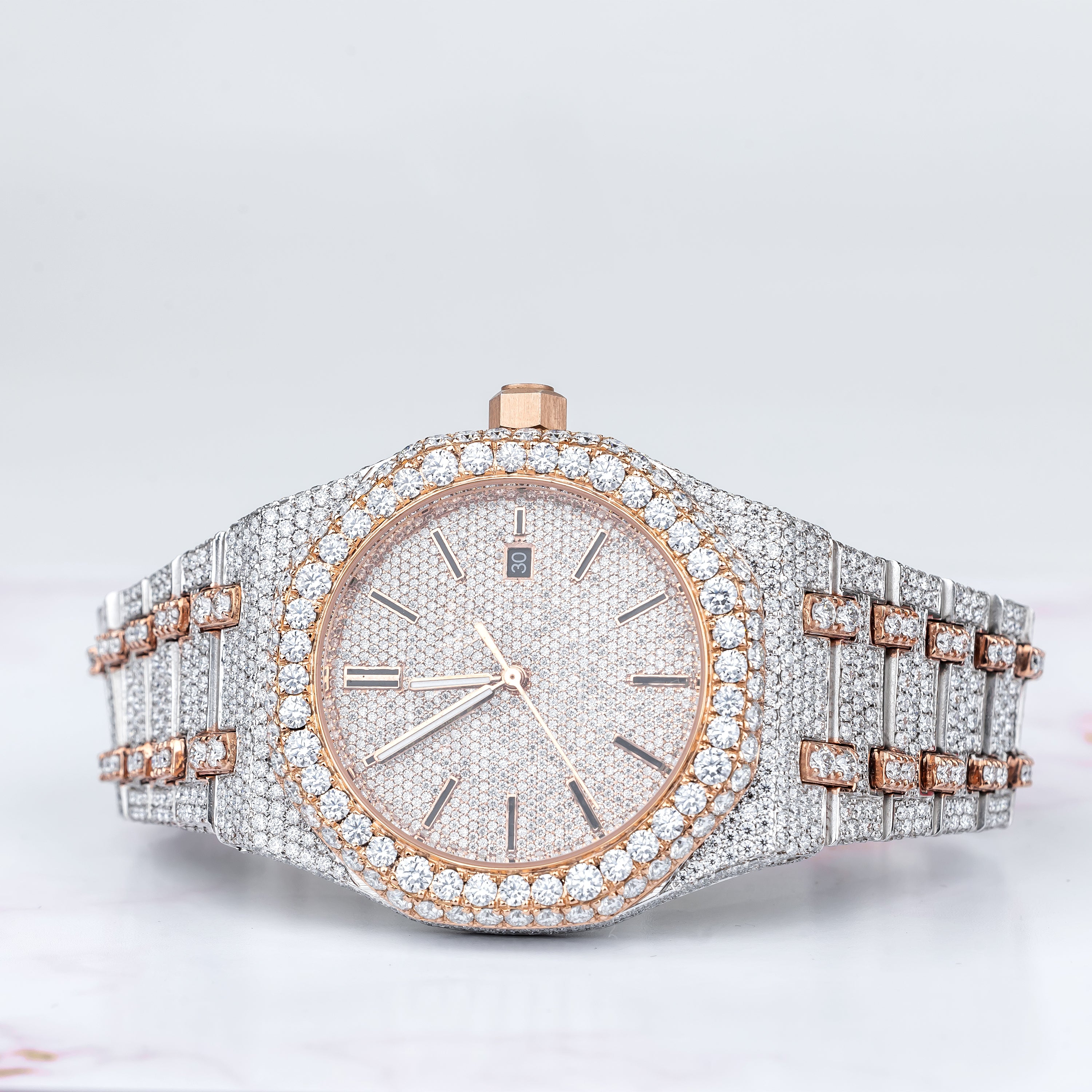 Excellent Jewels Two-Tone Iced Out Moissanite Watch – Rose Gold Plated Stainless Steel