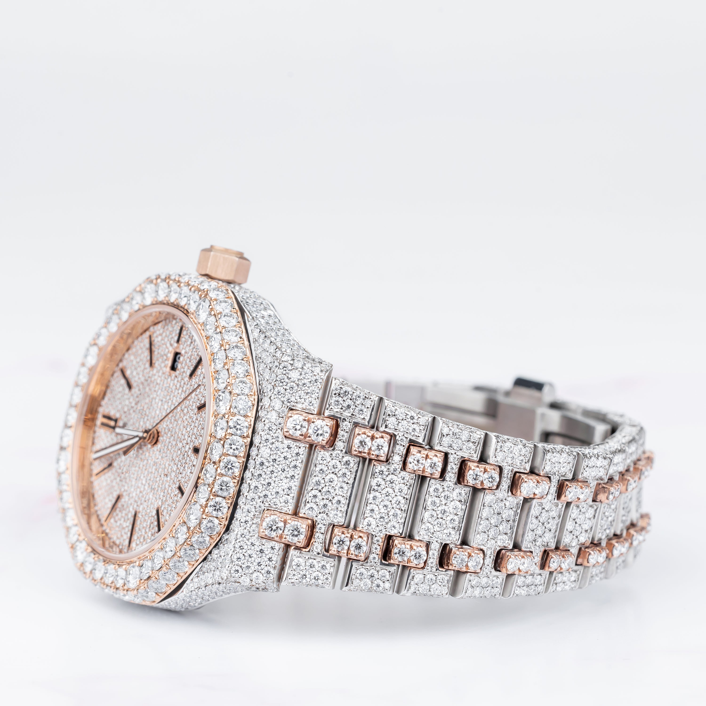 Excellent Jewels Two-Tone Iced Out Moissanite Watch – Rose Gold Plated Stainless Steel