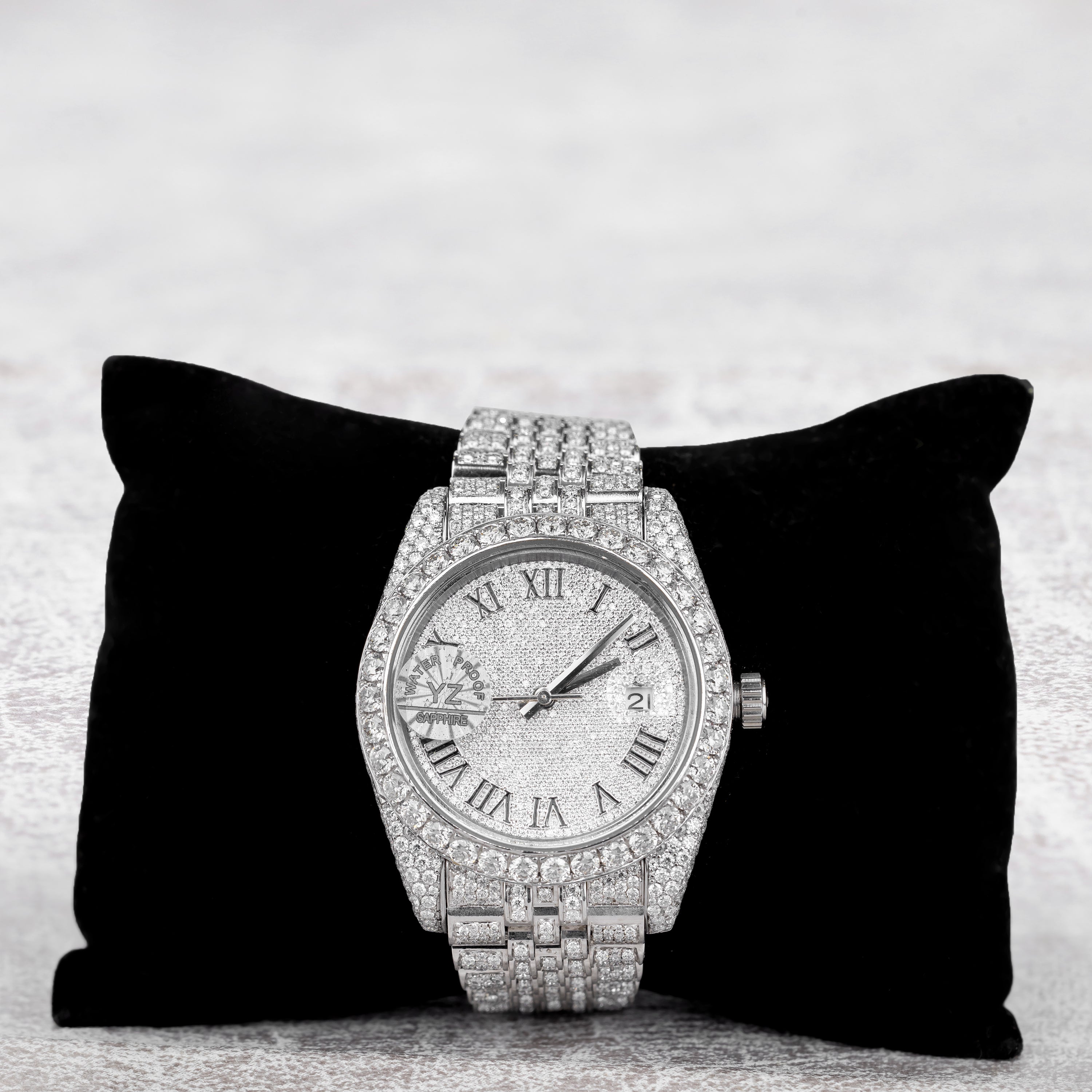 Excellent Jewels Fully Iced Out Statement Watch – Silver Tone White Gold Finish | Roman Numeral Dial | Sapphire Crystal | Micro-Pave Luxury Hip Hop Watch