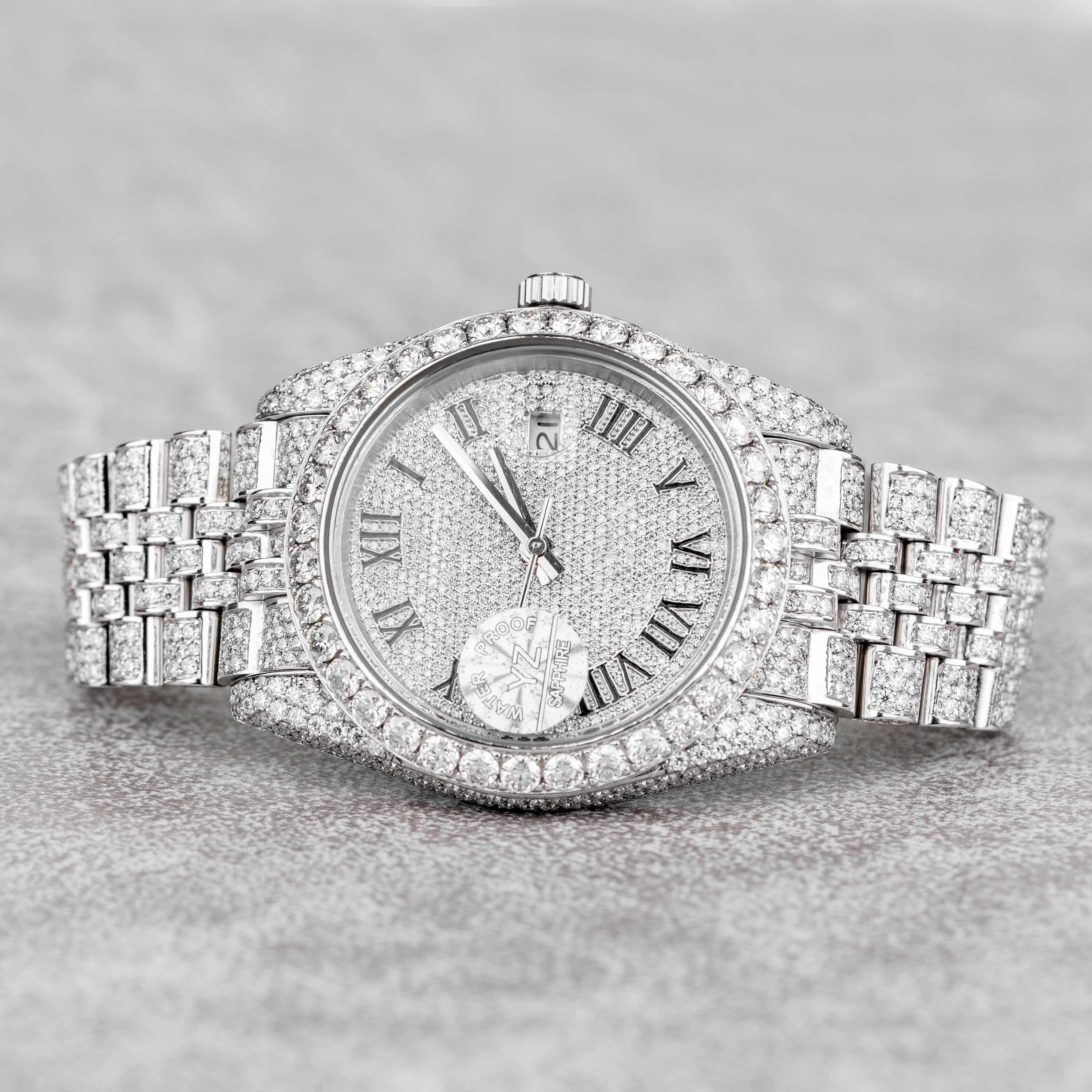 Excellent Jewels Fully Iced Out Statement Watch – Silver Tone White Gold Finish | Roman Numeral Dial | Sapphire Crystal | Micro-Pave Luxury Hip Hop Watch