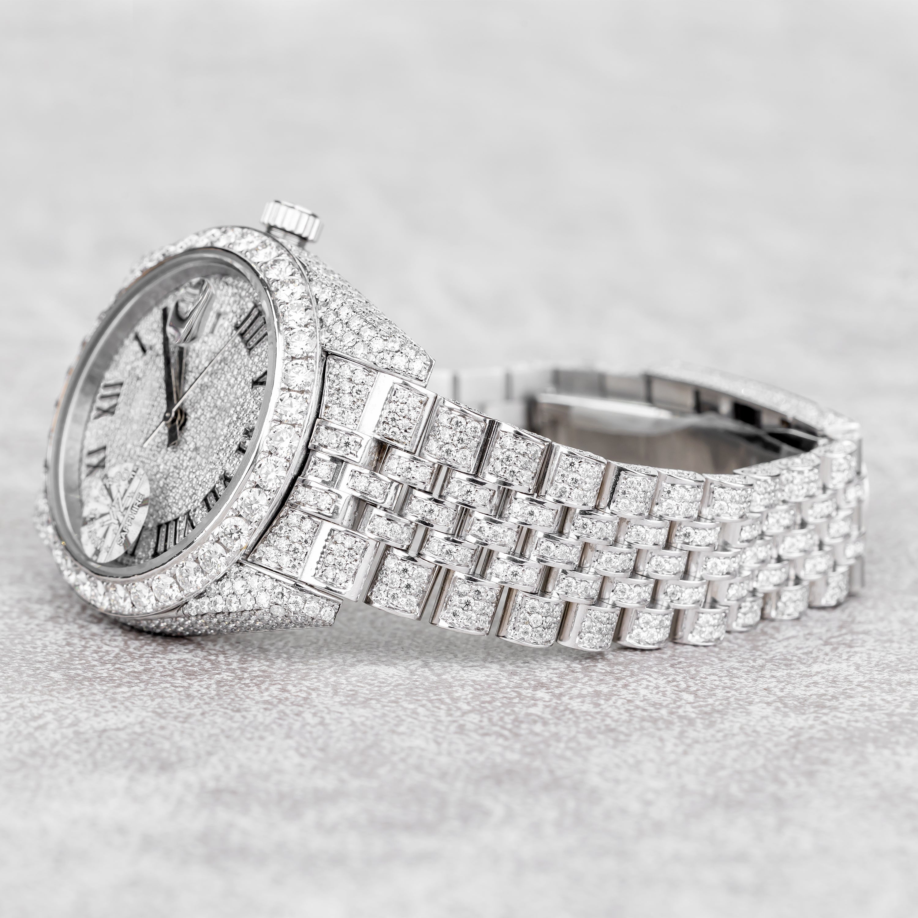 Excellent Jewels Fully Iced Out Statement Watch – Silver Tone White Gold Finish | Roman Numeral Dial | Sapphire Crystal | Micro-Pave Luxury Hip Hop Watch