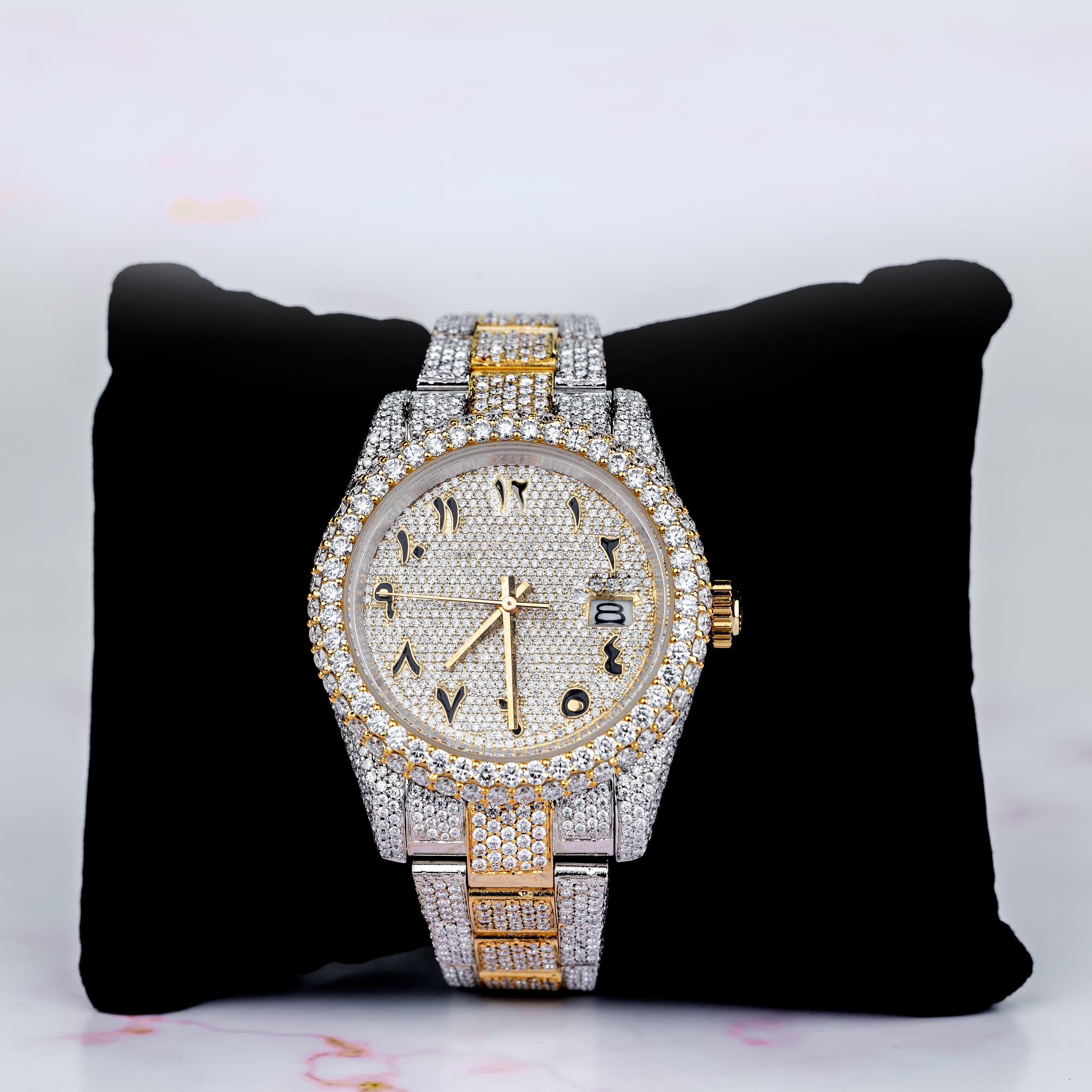 Excellent Jewels Iced Out Moissanite Watch – Two-Tone Gold Plated Stainless Steel | Arabic Dial | Pave Set Luxury Hip Hop Watch for Men