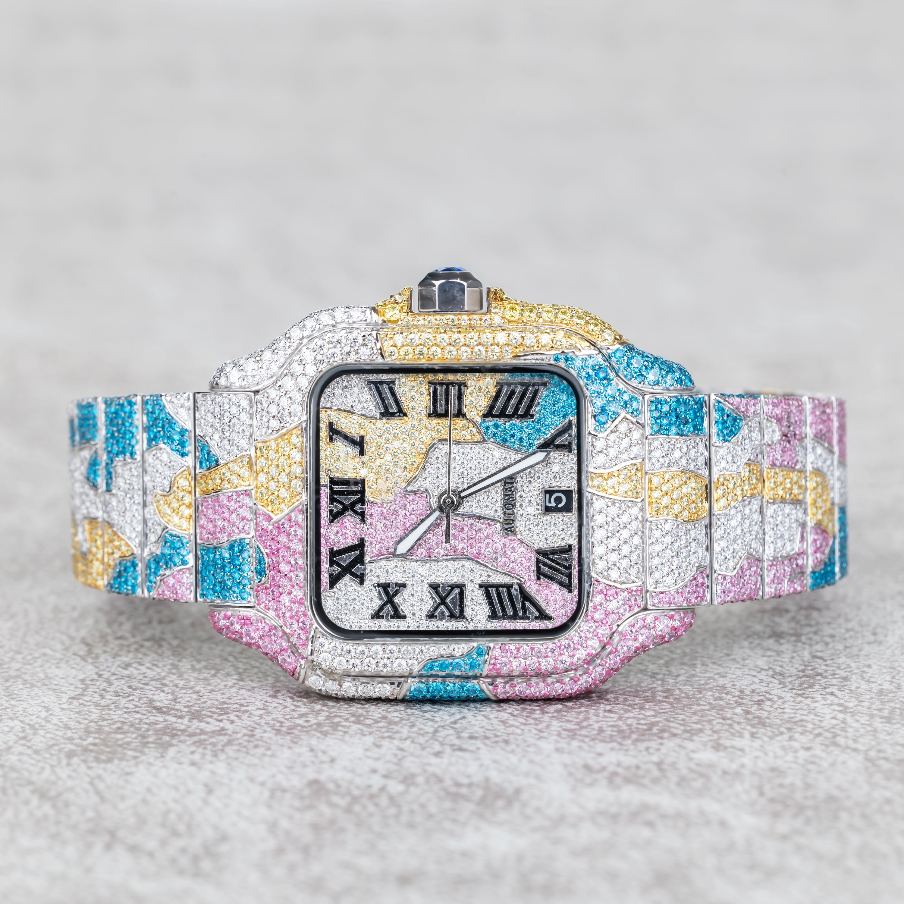 Custom Fully Iced-Out Multi-Color Abstract Statement Watch – Square Face