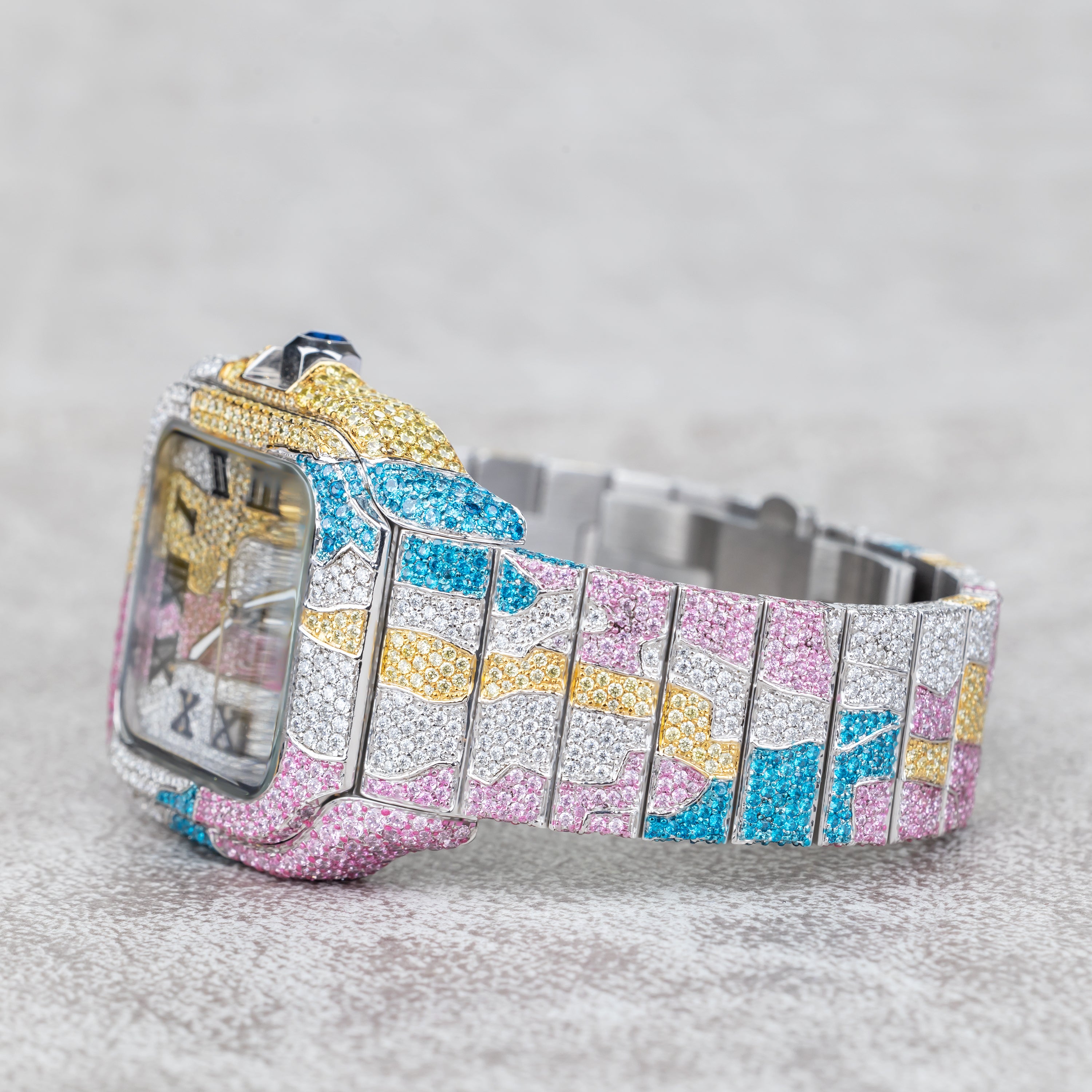 Custom Fully Iced-Out Multi-Color Abstract Statement Watch – Square Face
