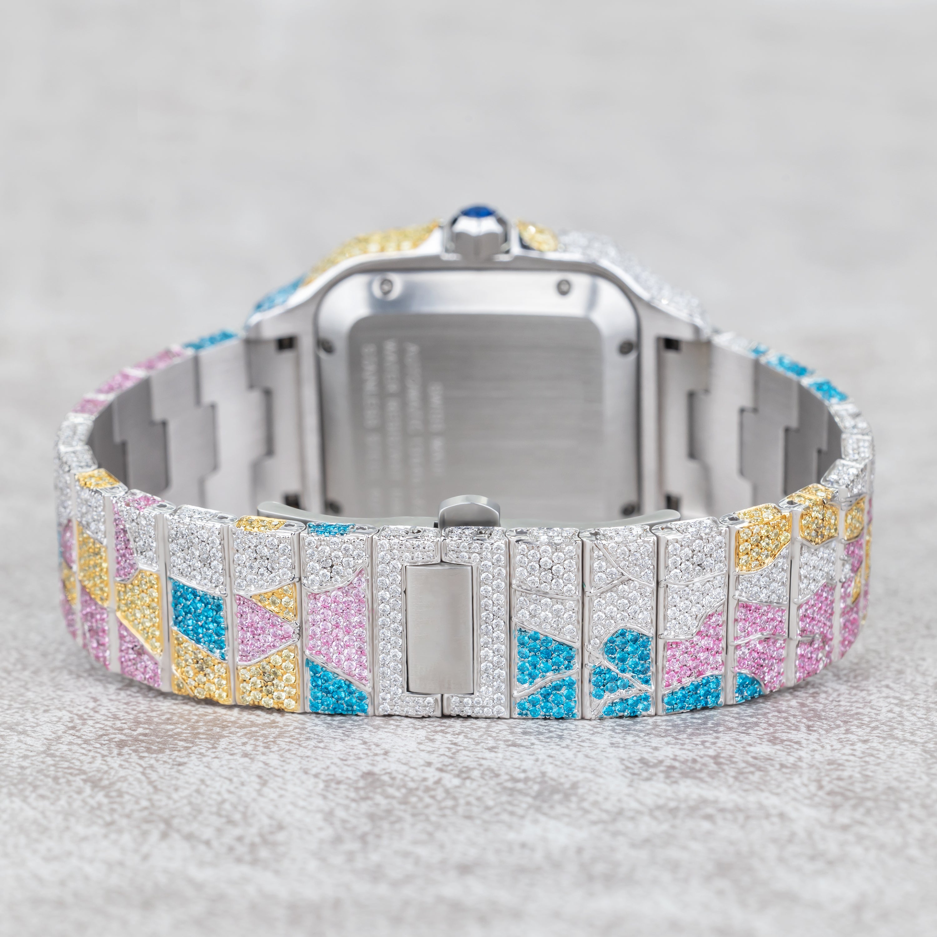 Custom Fully Iced-Out Multi-Color Abstract Statement Watch – Square Face