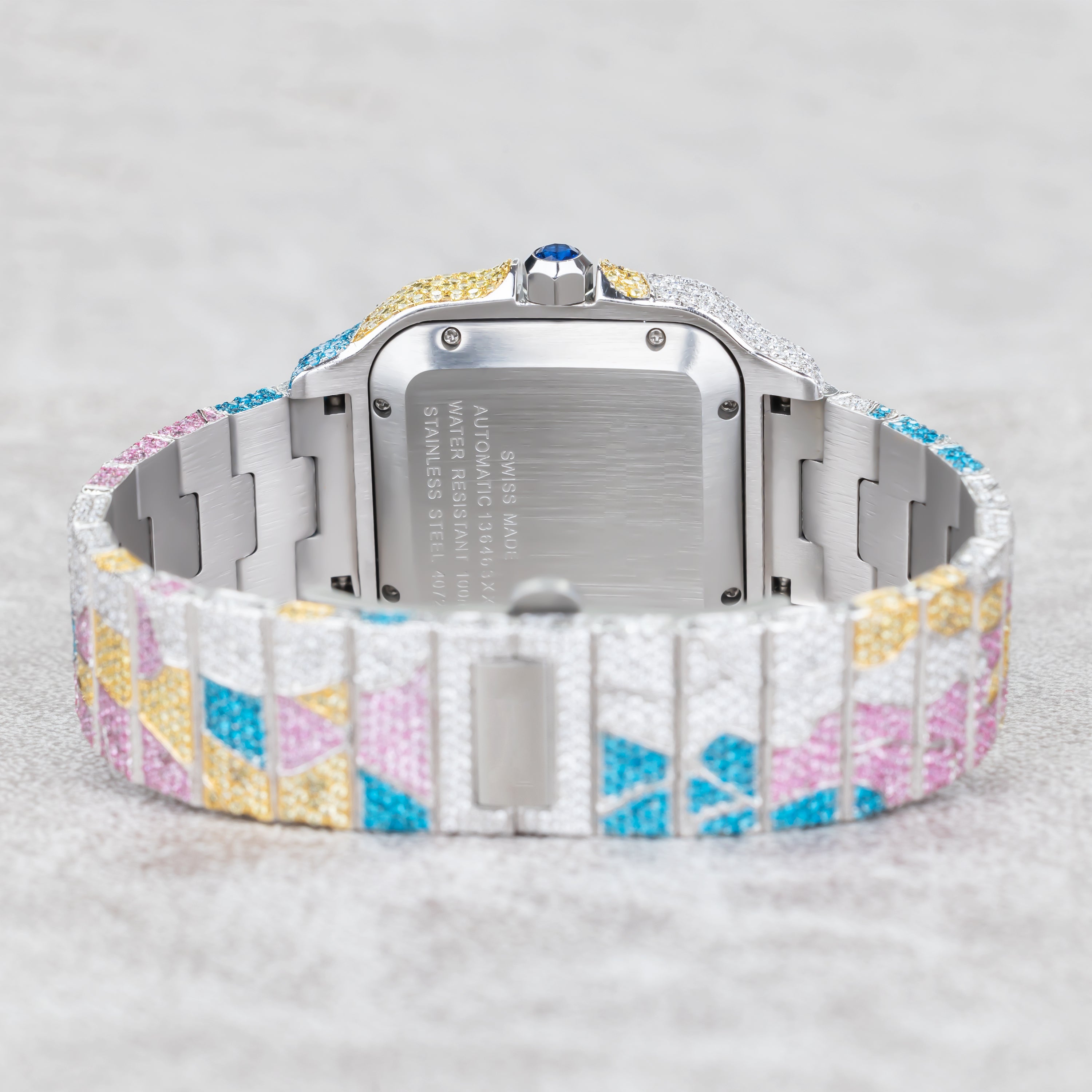 Custom Fully Iced-Out Multi-Color Abstract Statement Watch – Square Face