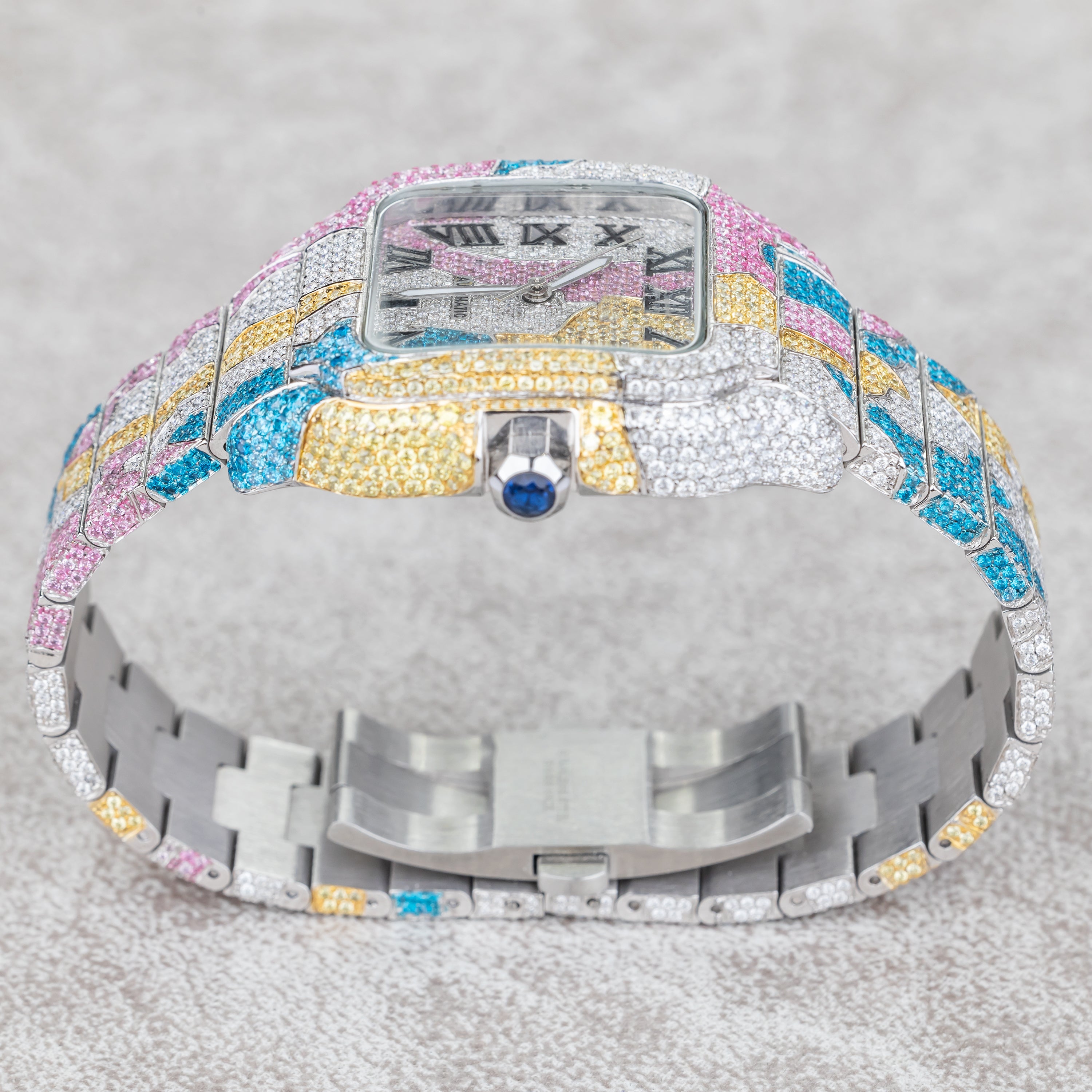 Custom Fully Iced-Out Multi-Color Abstract Statement Watch – Square Face