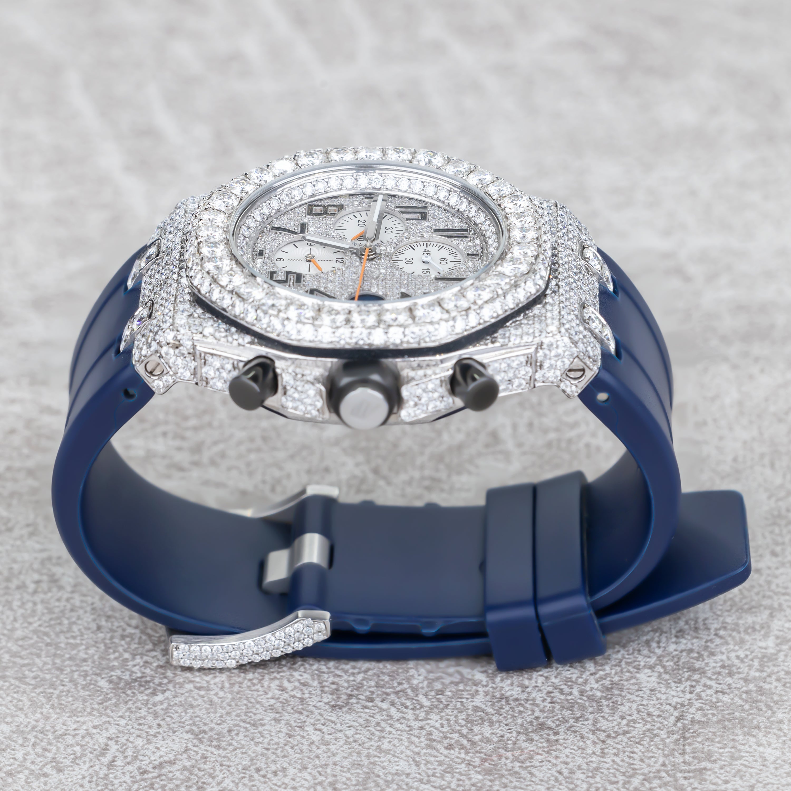 Custom Fully Iced-Out Octagon Chronograph Watch – Blue Rubber Strap