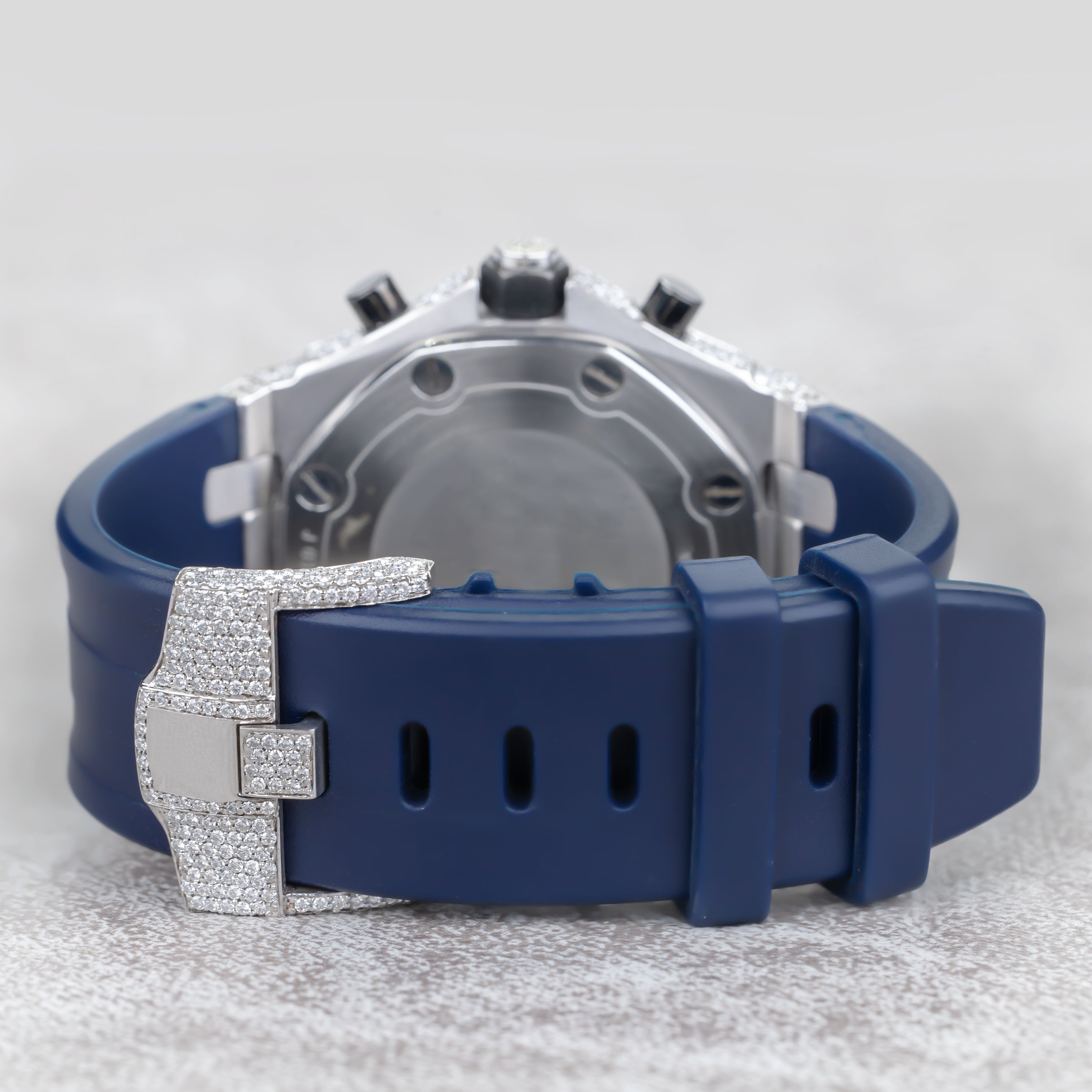 Custom Fully Iced-Out Octagon Chronograph Watch – Blue Rubber Strap