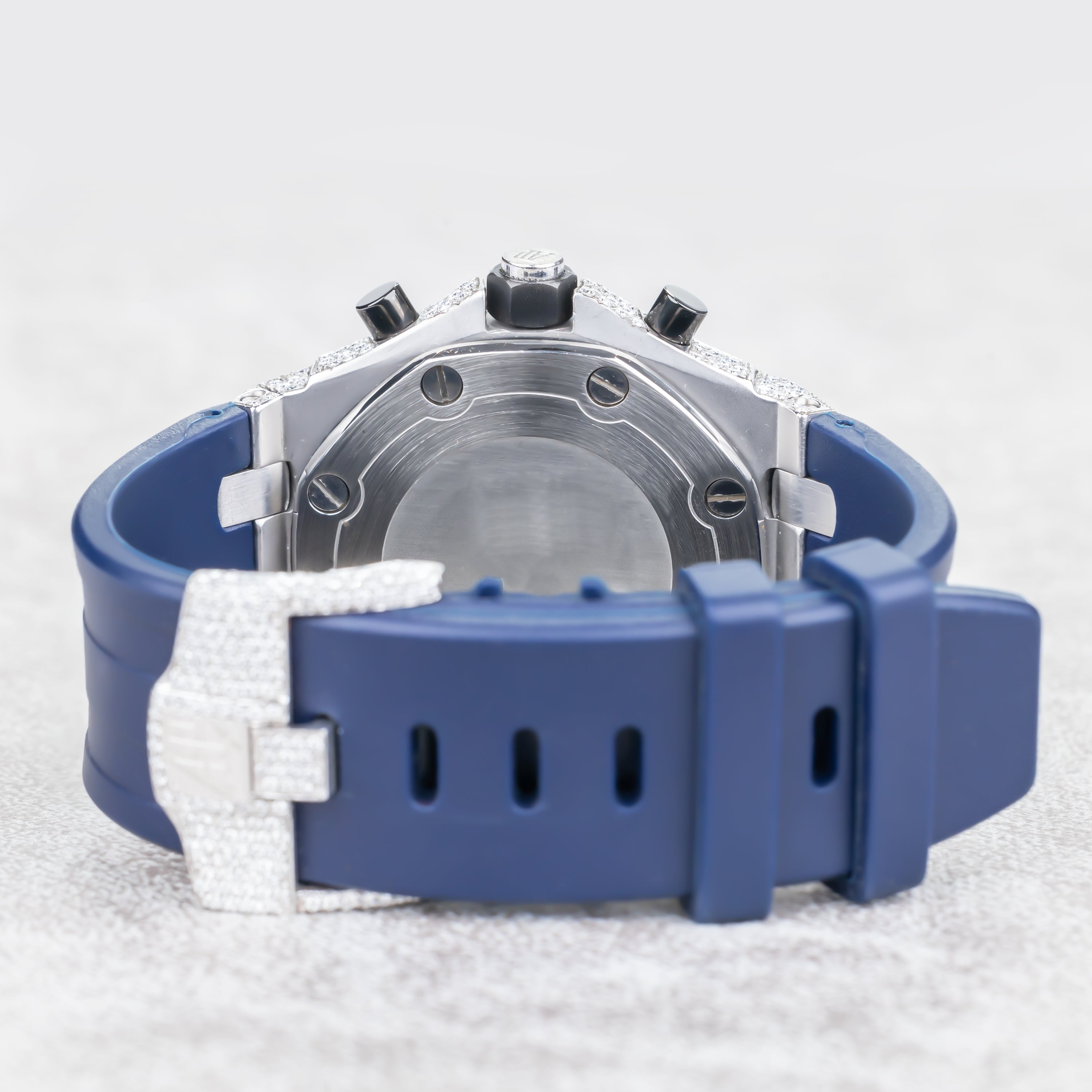 Custom Fully Iced-Out Octagon Chronograph Watch – Blue Rubber Strap