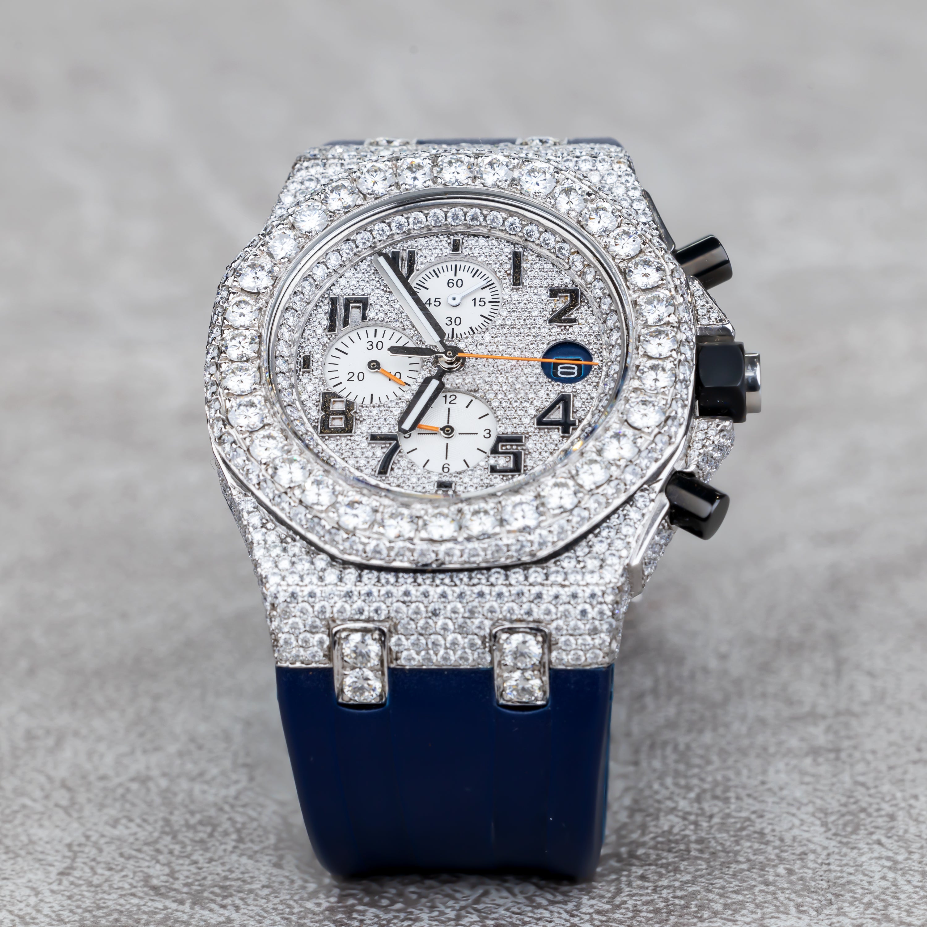 Custom Fully Iced-Out Octagon Chronograph Watch – Blue Rubber Strap