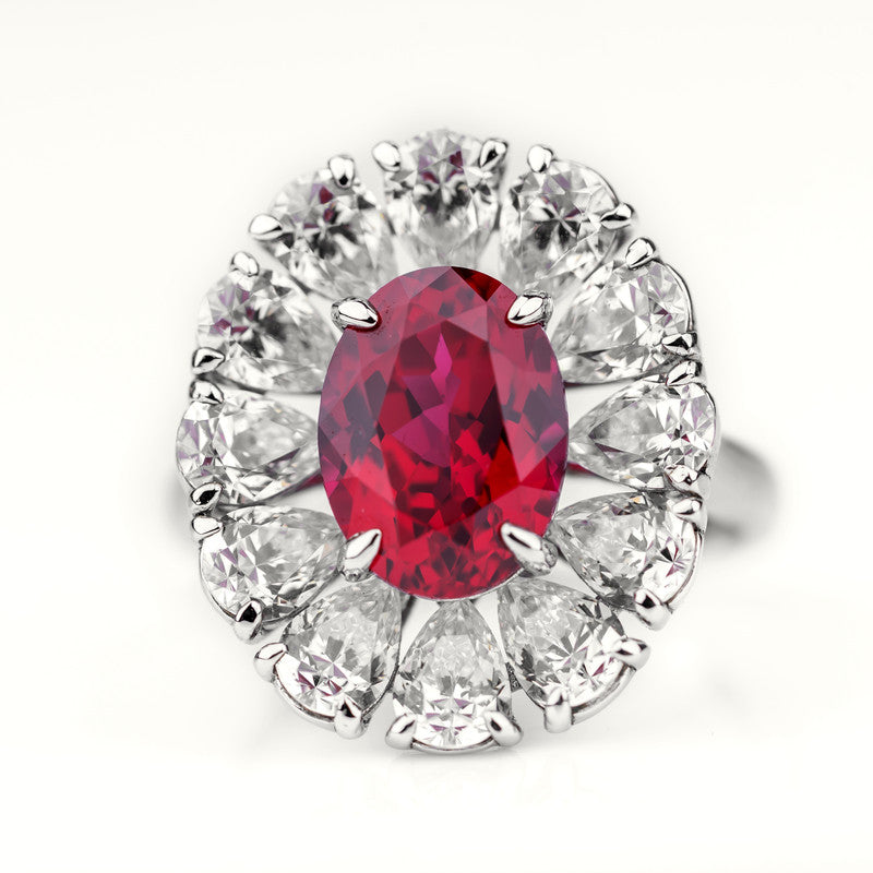 Imperial Bloom Lab Ruby Ring ? Oval Ruby & Pear Diamond Halo in S925 Silver