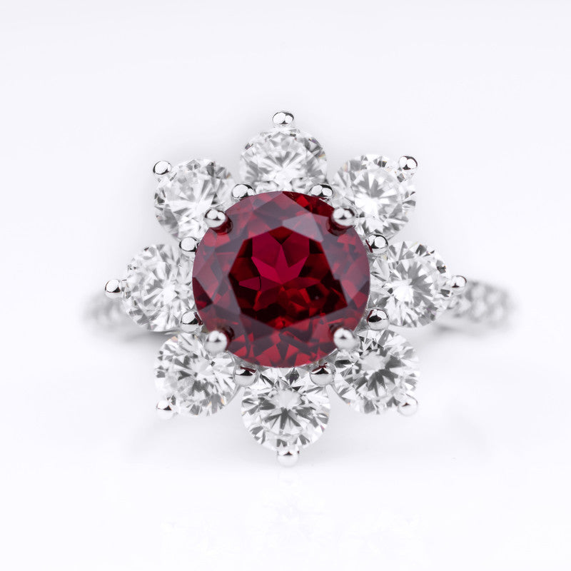 Scarlet Sunflower Lab Ruby Ring ? Round Ruby & Diamond Daisy Halo with Pavé Band in S925 Silver