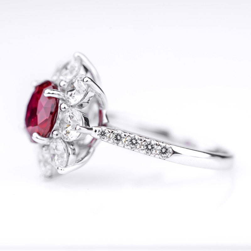 Scarlet Sunflower Lab Ruby Ring ? Round Ruby & Diamond Daisy Halo with Pavé Band in S925 Silver