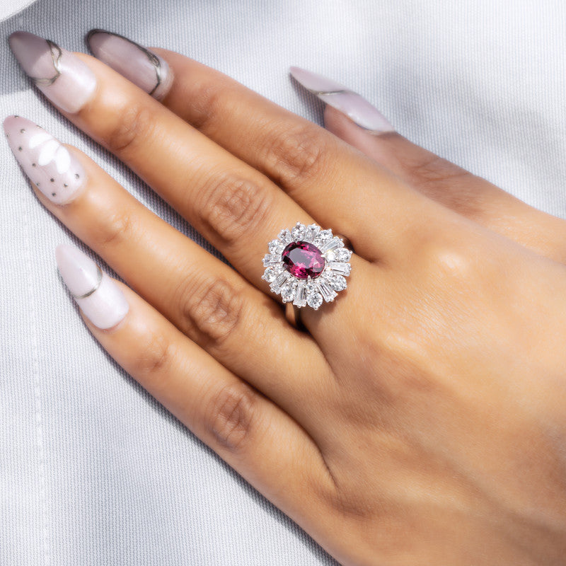 S925 Lab Grown Garnet Ballerina Cocktail Ring – JR106Y | Oval Garnet with Baguette & Round CZ Diamond Double Halo