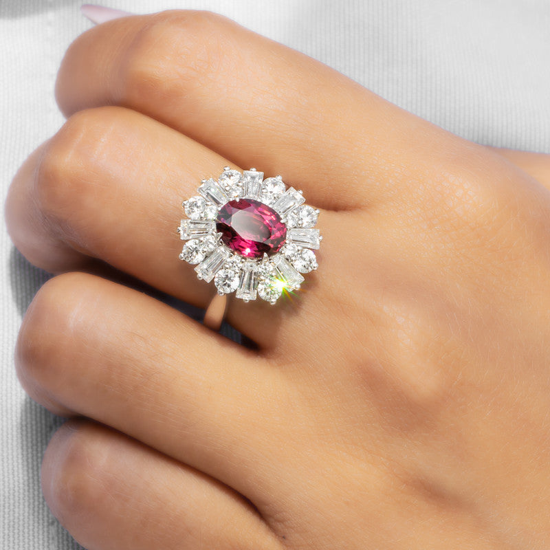 S925 Lab Grown Garnet Ballerina Cocktail Ring – JR106Y | Oval Garnet with Baguette & Round CZ Diamond Double Halo