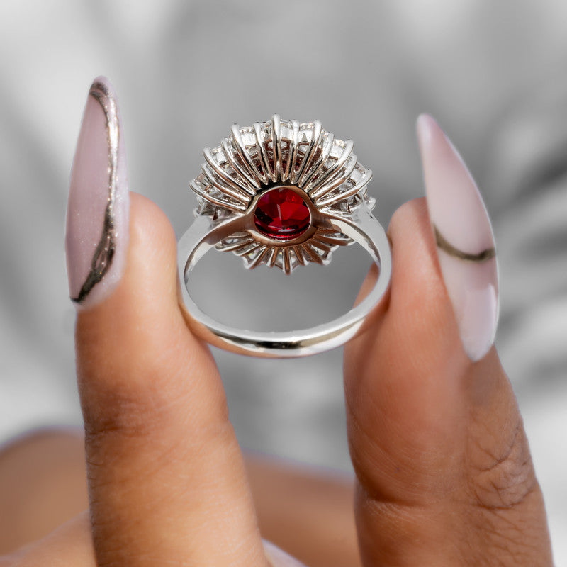 S925 Lab Grown Ruby Classic Halo Cocktail Ring – JRURR1272Y | Large Oval Ruby with Round CZ Diamond Sunburst Halo