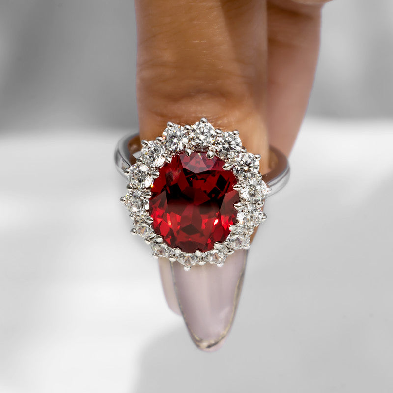 S925 Lab Grown Ruby Classic Halo Cocktail Ring – JRURR1272Y | Large Oval Ruby with Round CZ Diamond Sunburst Halo